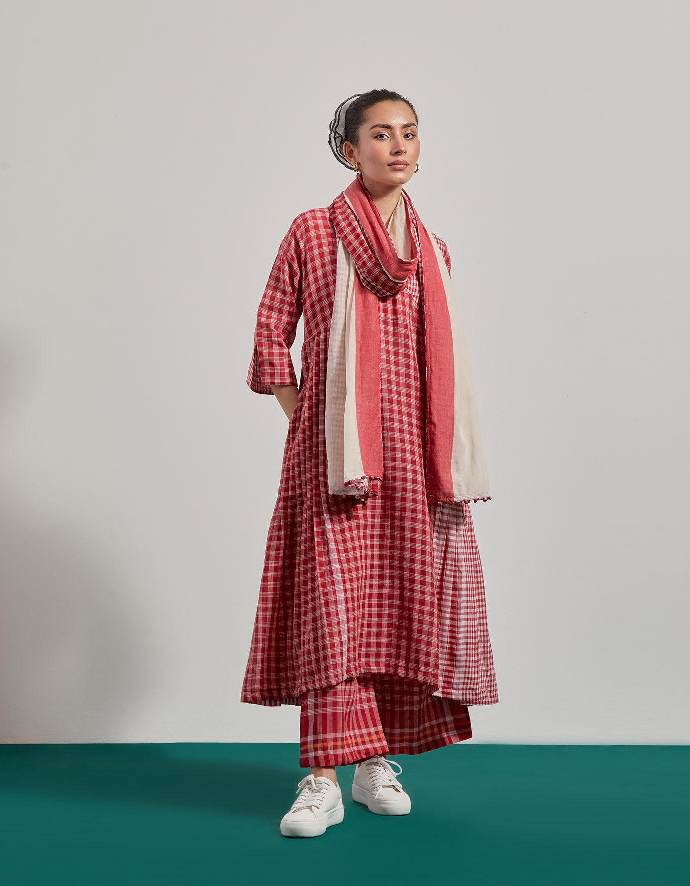 Red Overlap Pleated  Set