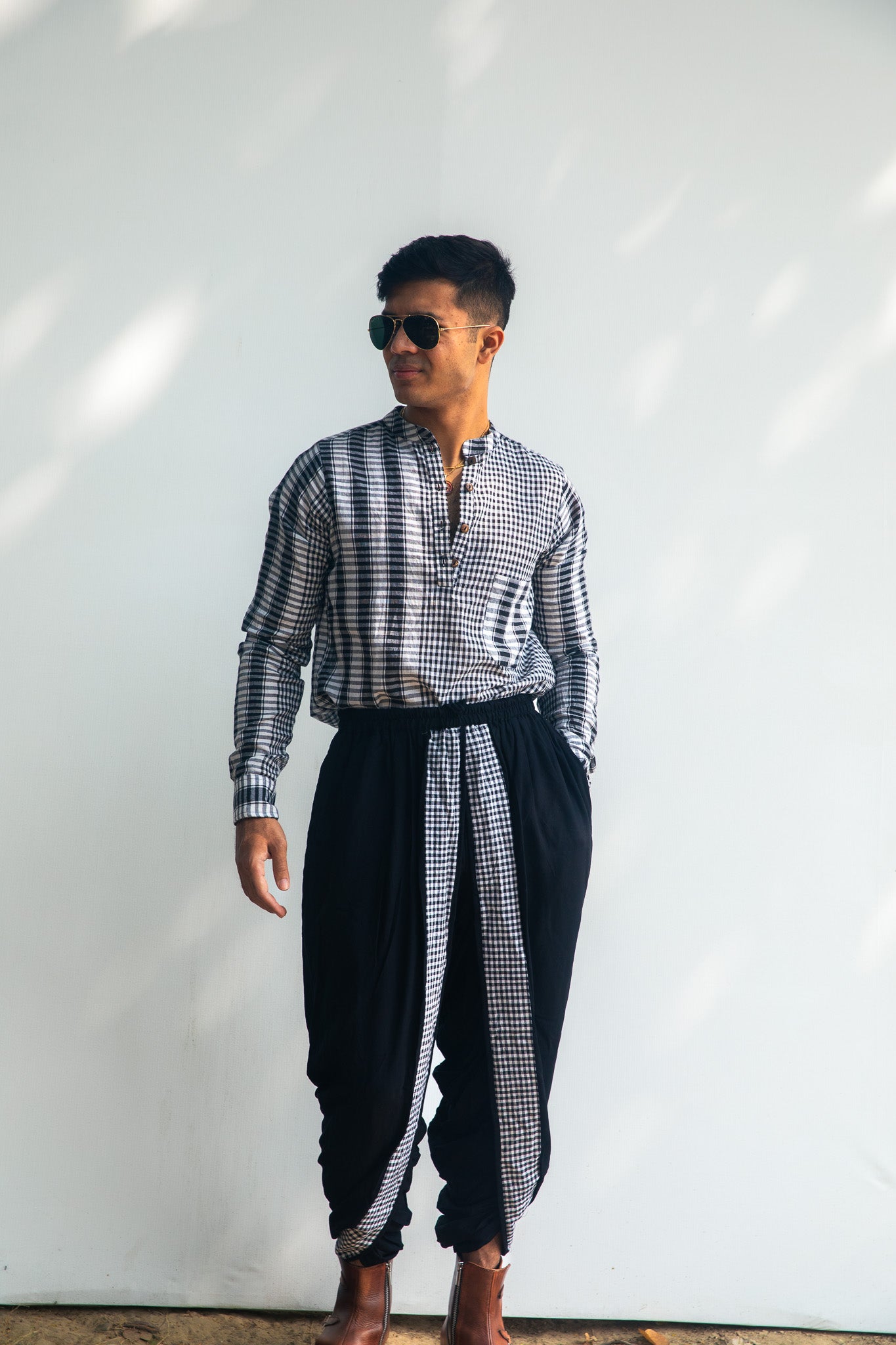 Black Kurta + Black on Black Dual Dhoti Pants Set