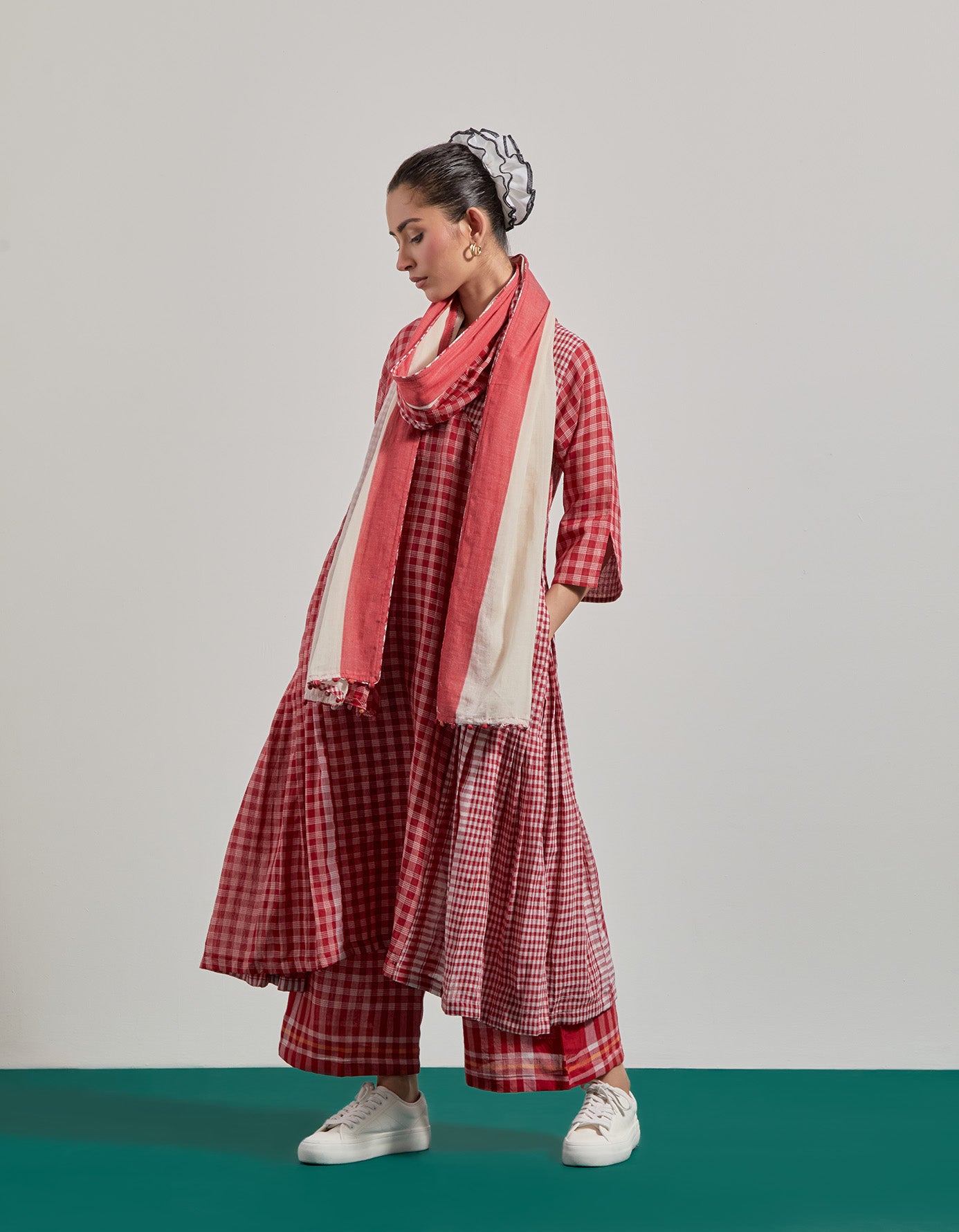 Red Overlap Pleated  Set