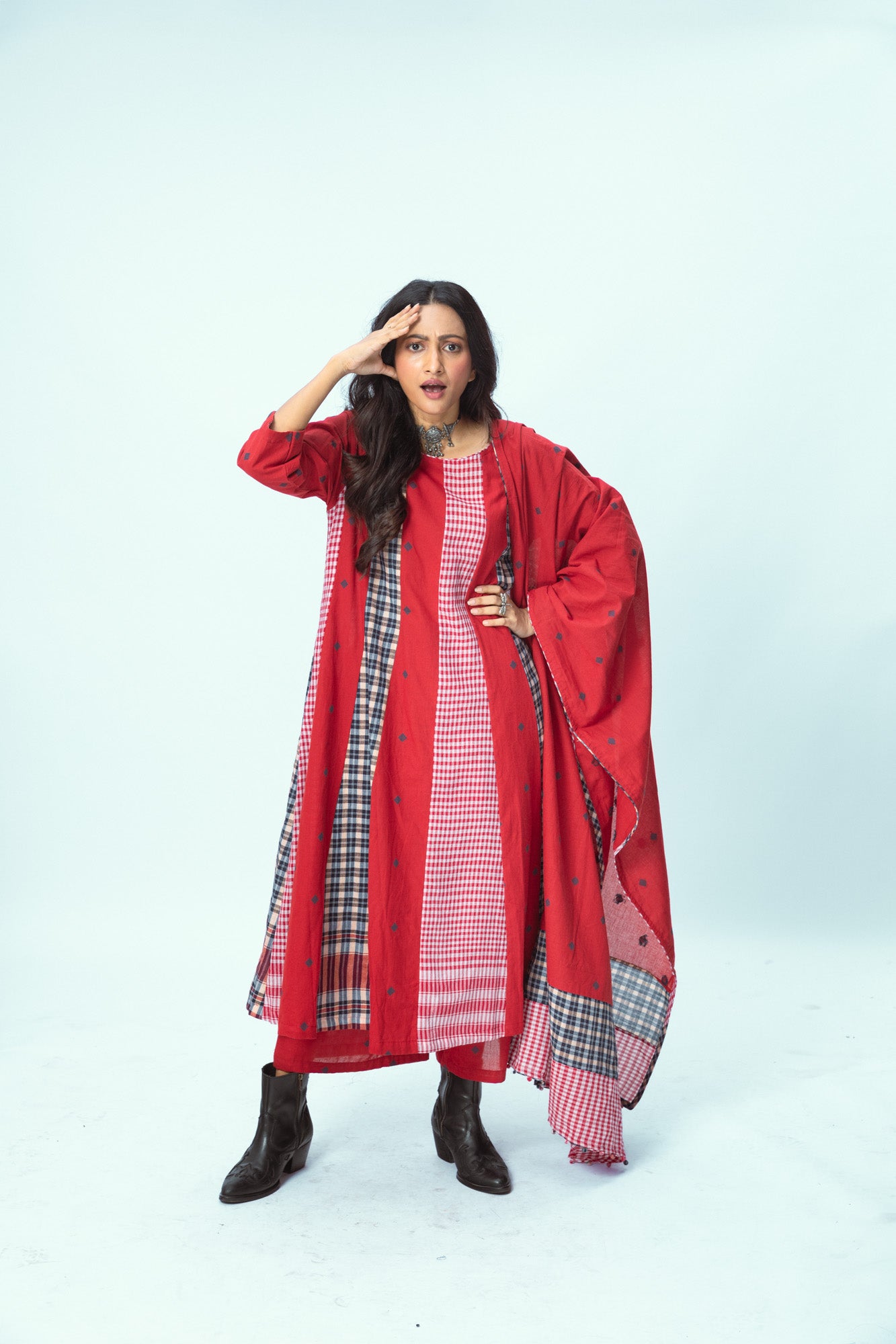 True Red Brick 16 Panelled Dupatta Set