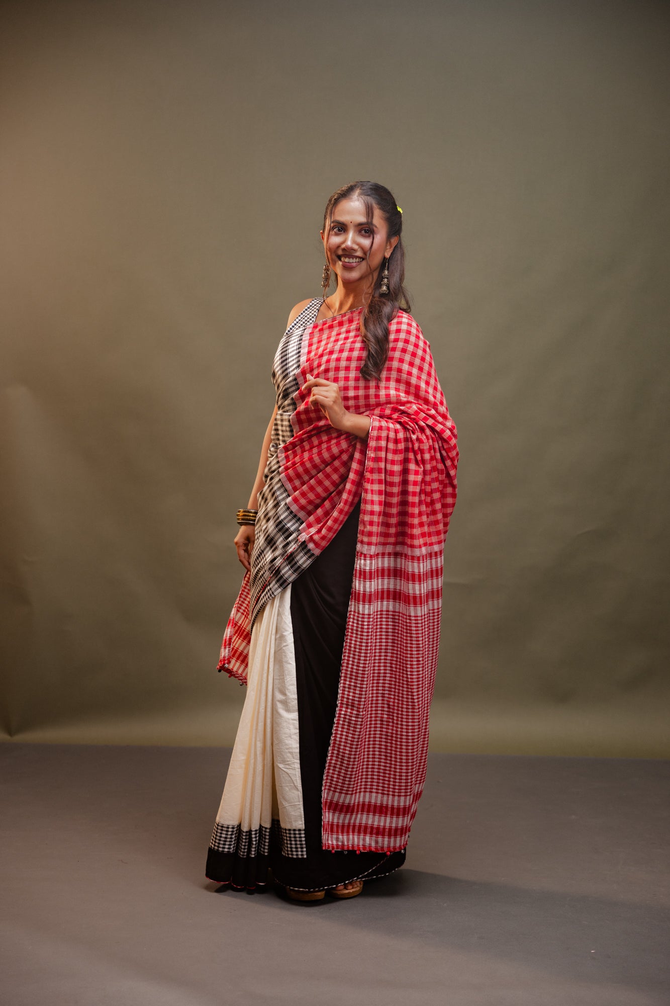 Dawn Saree - Red & Black Checkered