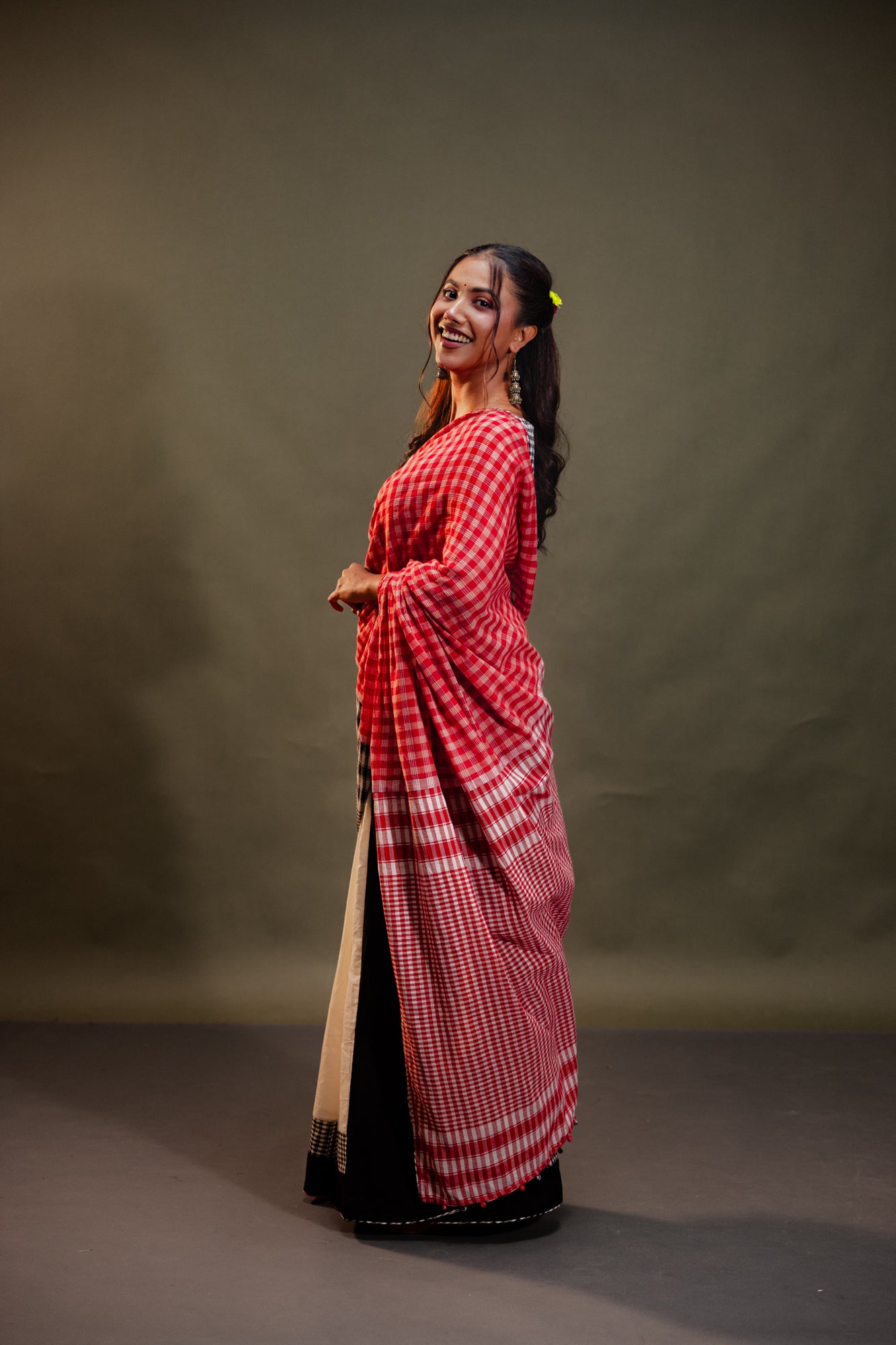 Dawn Saree - Red & Black Checkered