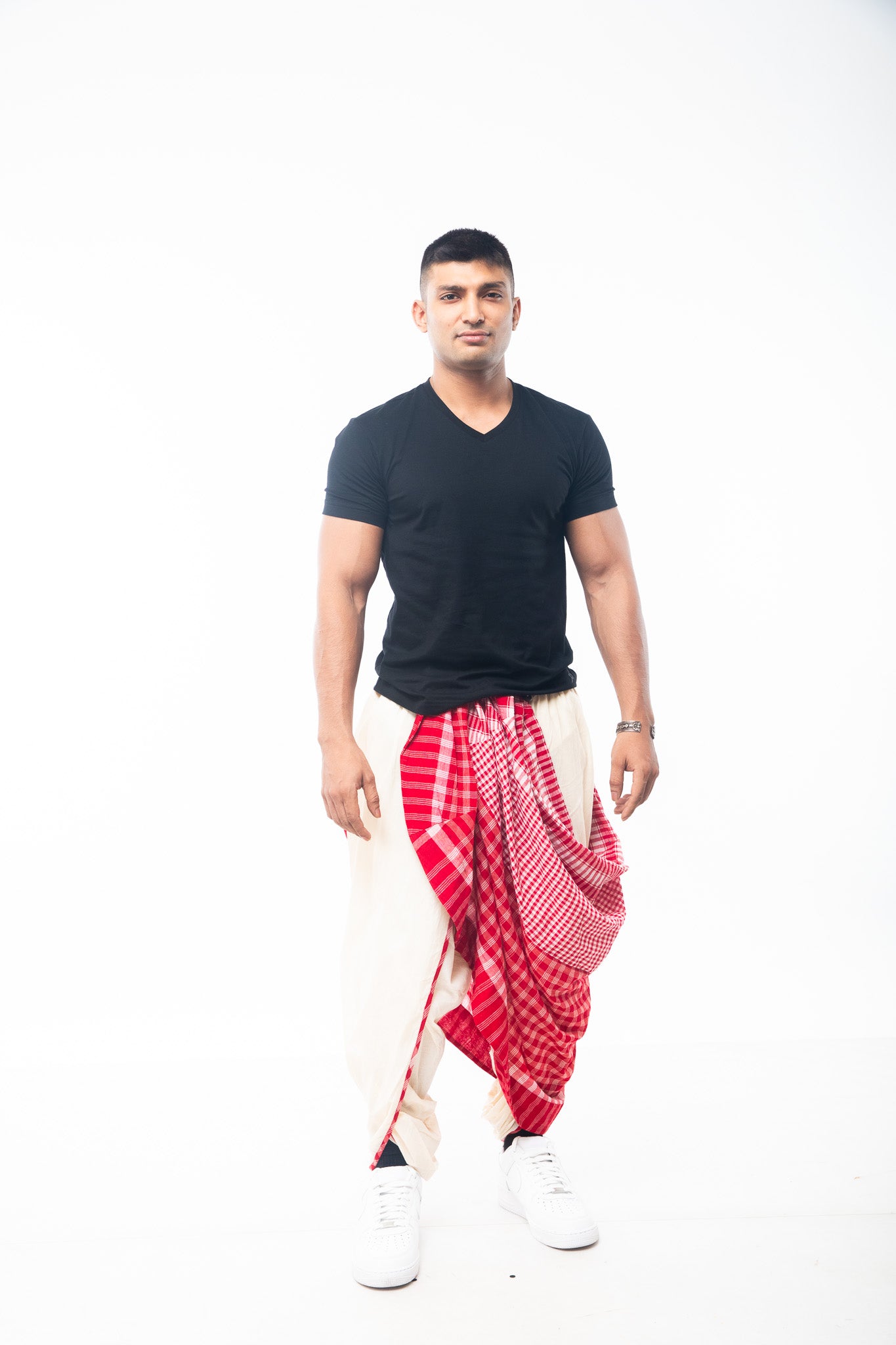 White Dhoti with Red Detachable Pleat