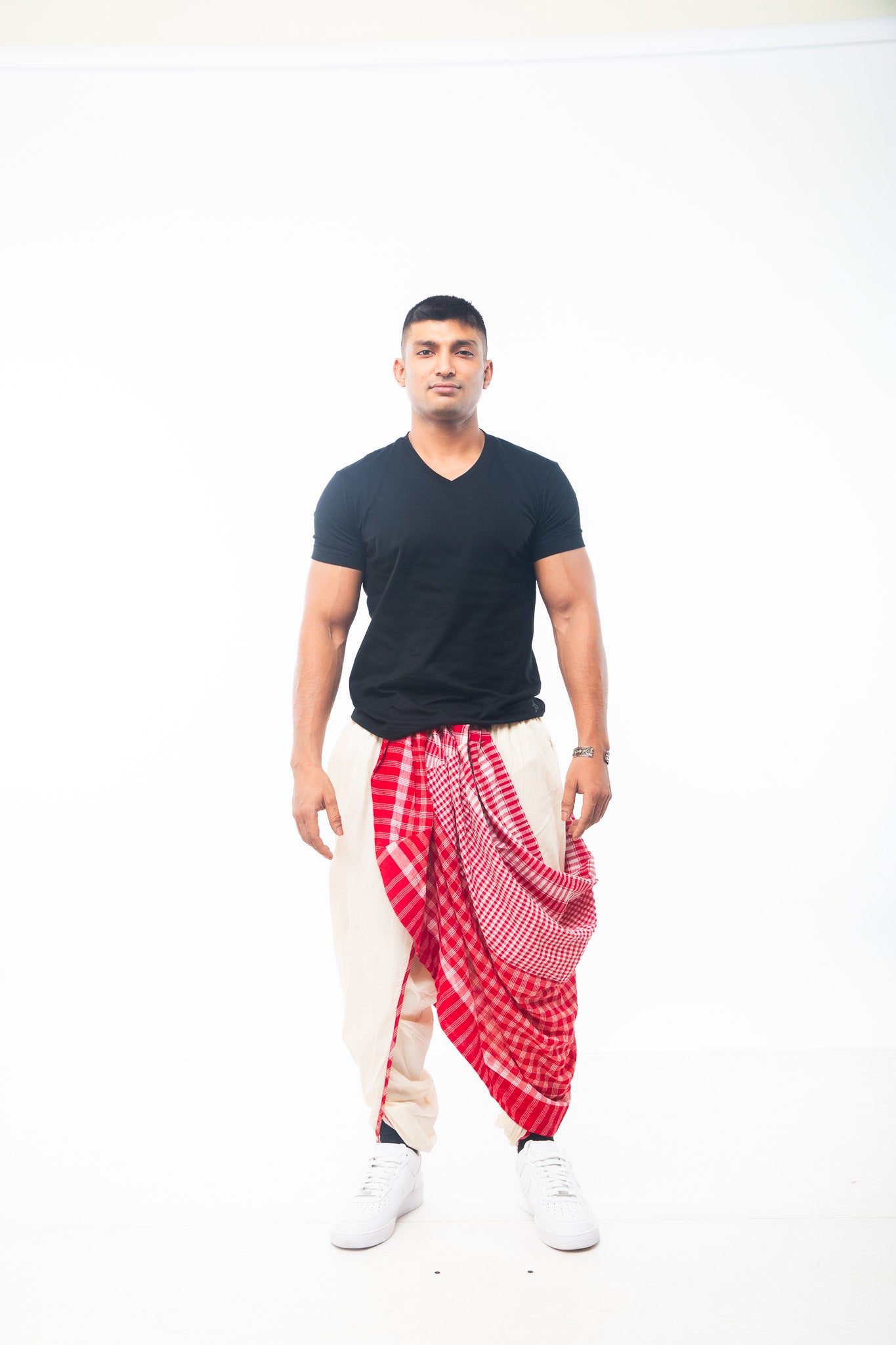 White Dhoti with Red Detachable Pleat