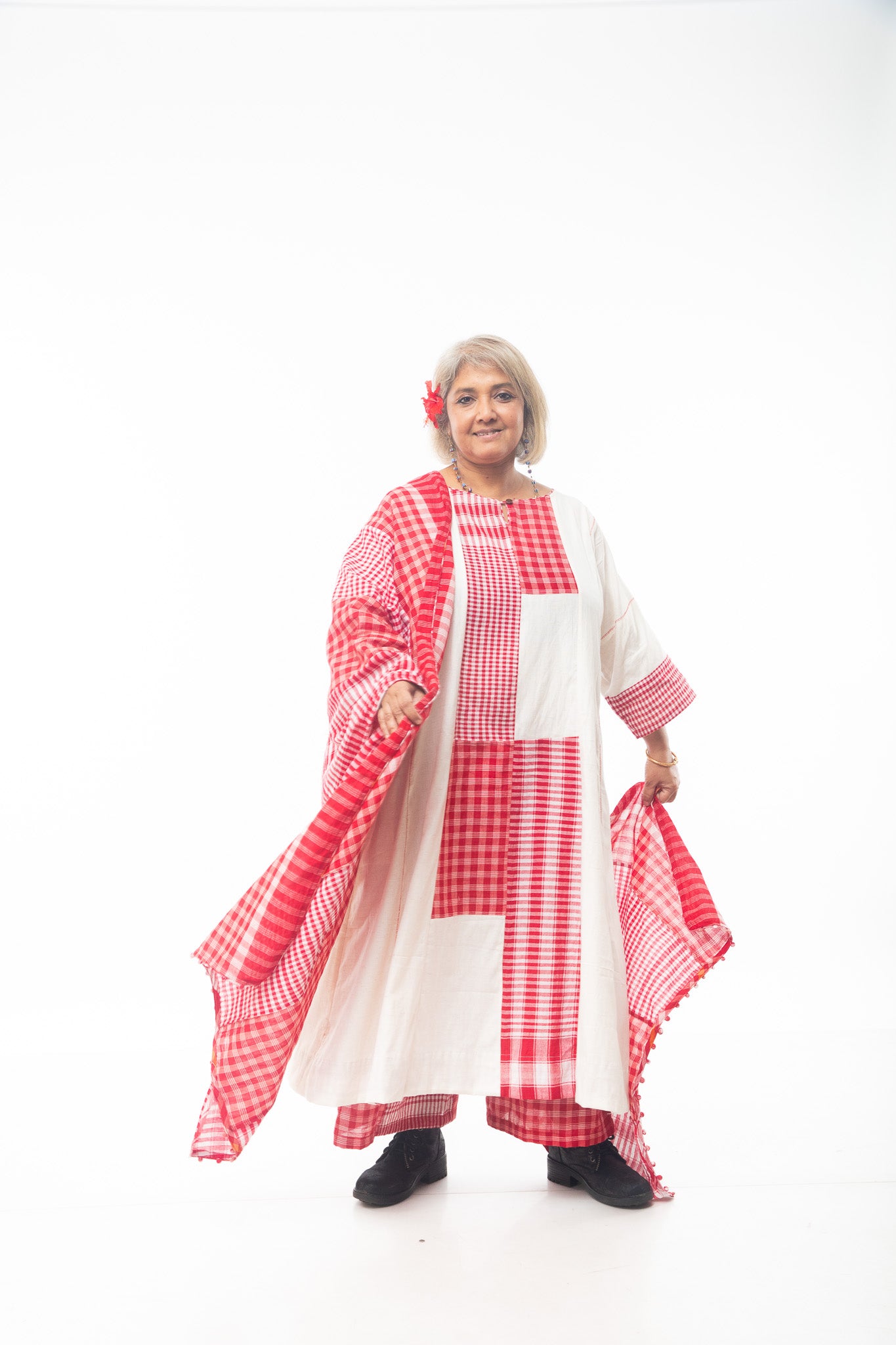 White Khadi Jigsaw Dress + Dandy Pants + Red on Red dupatta