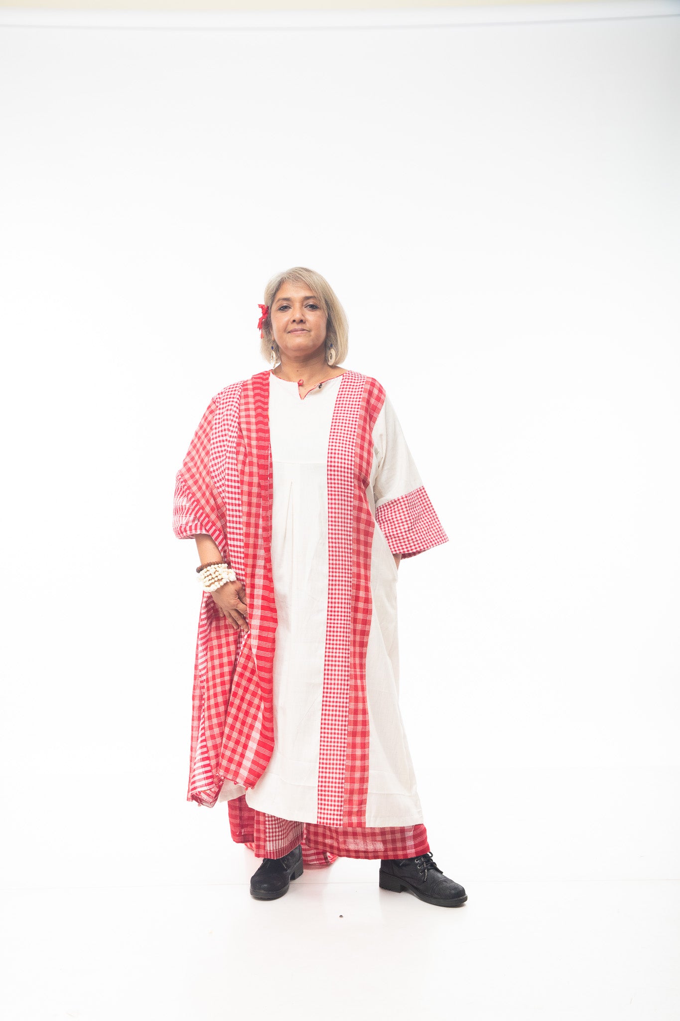 White Khadi Side Panelled Dress + Dandy Pants + Red/Red Dupatta