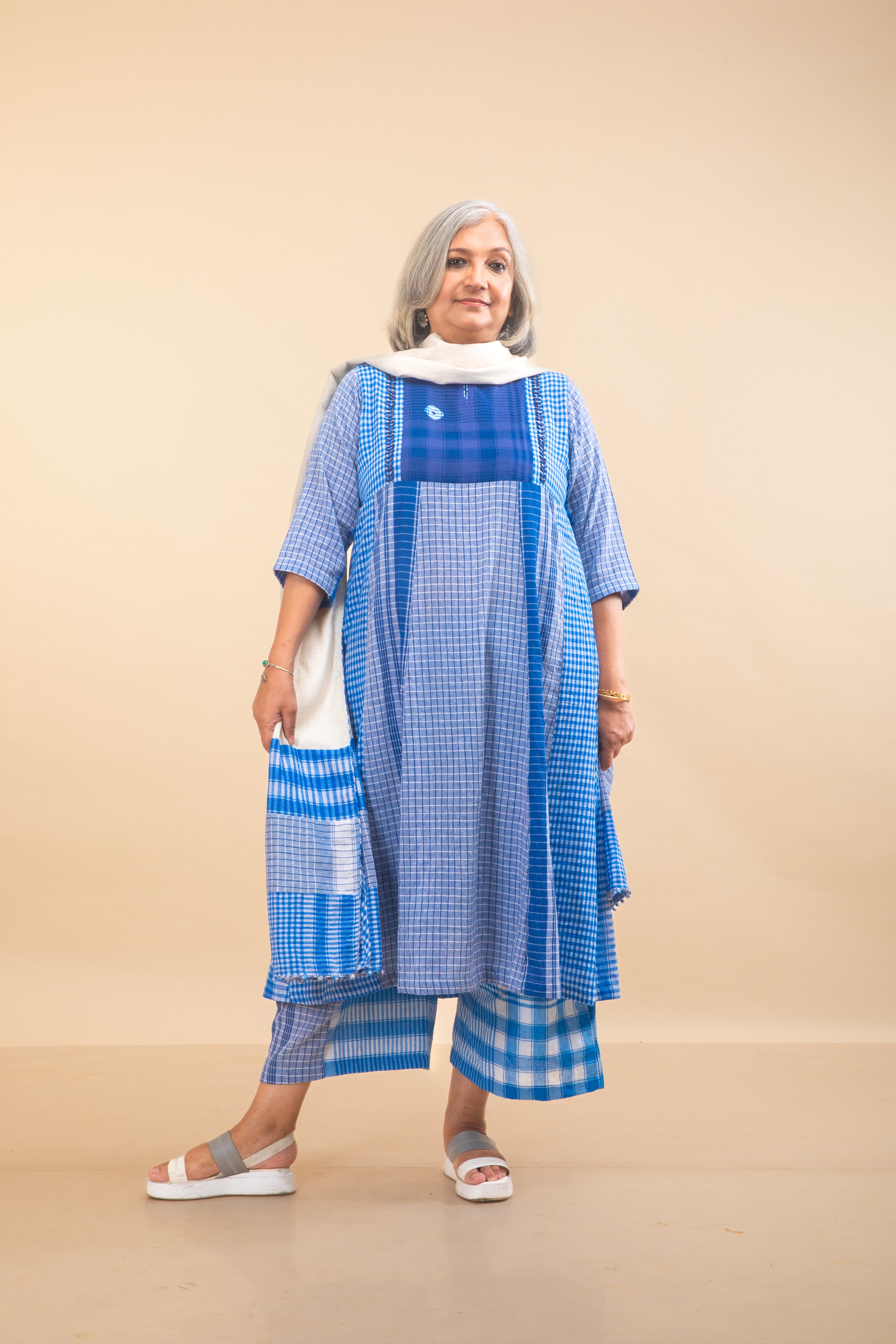 Blue Side Panelled Embroidered Dress + Palazzo + Dupatta (Set of 3)