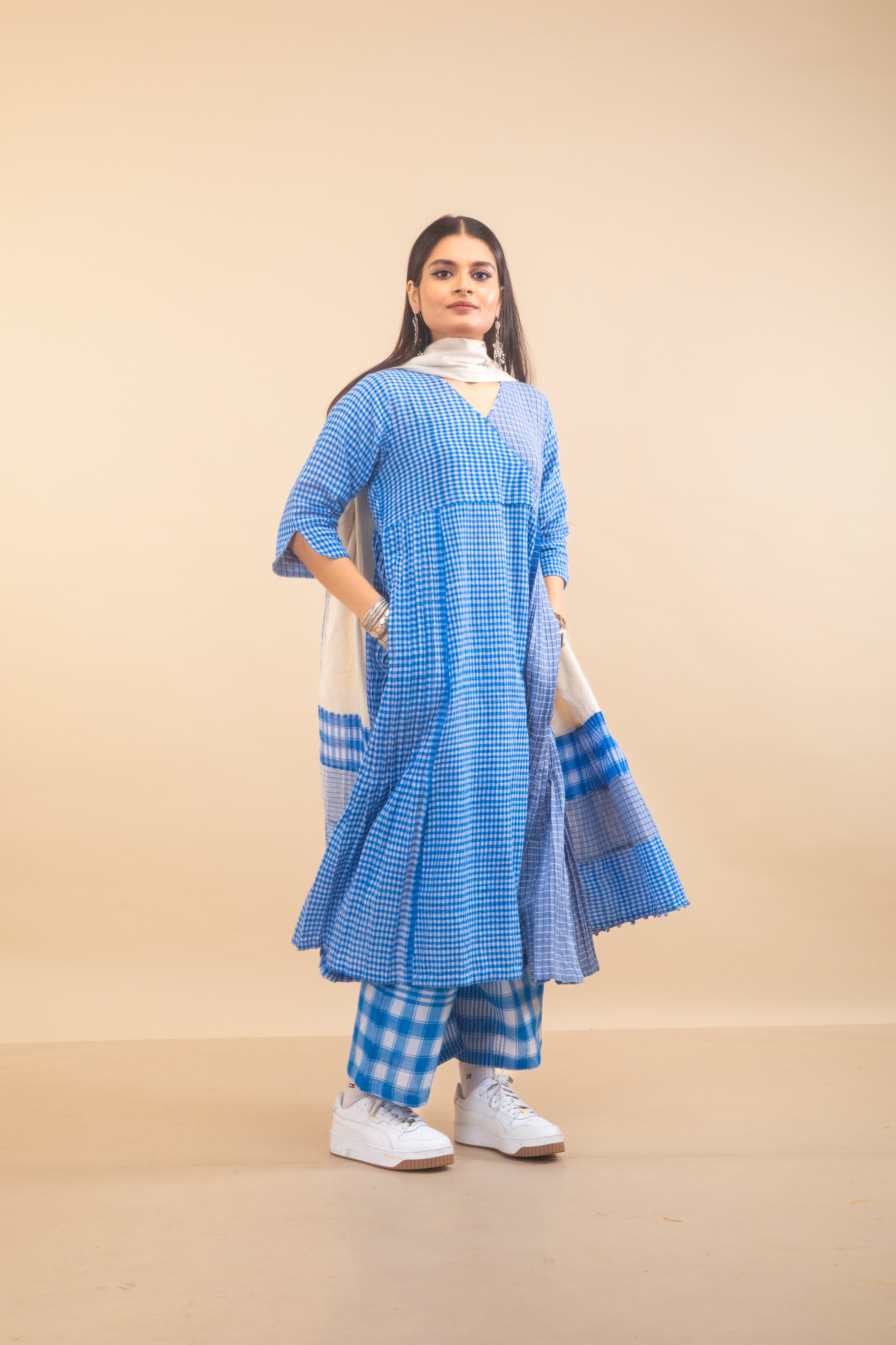 Blue Overlap Pleated Dress Set