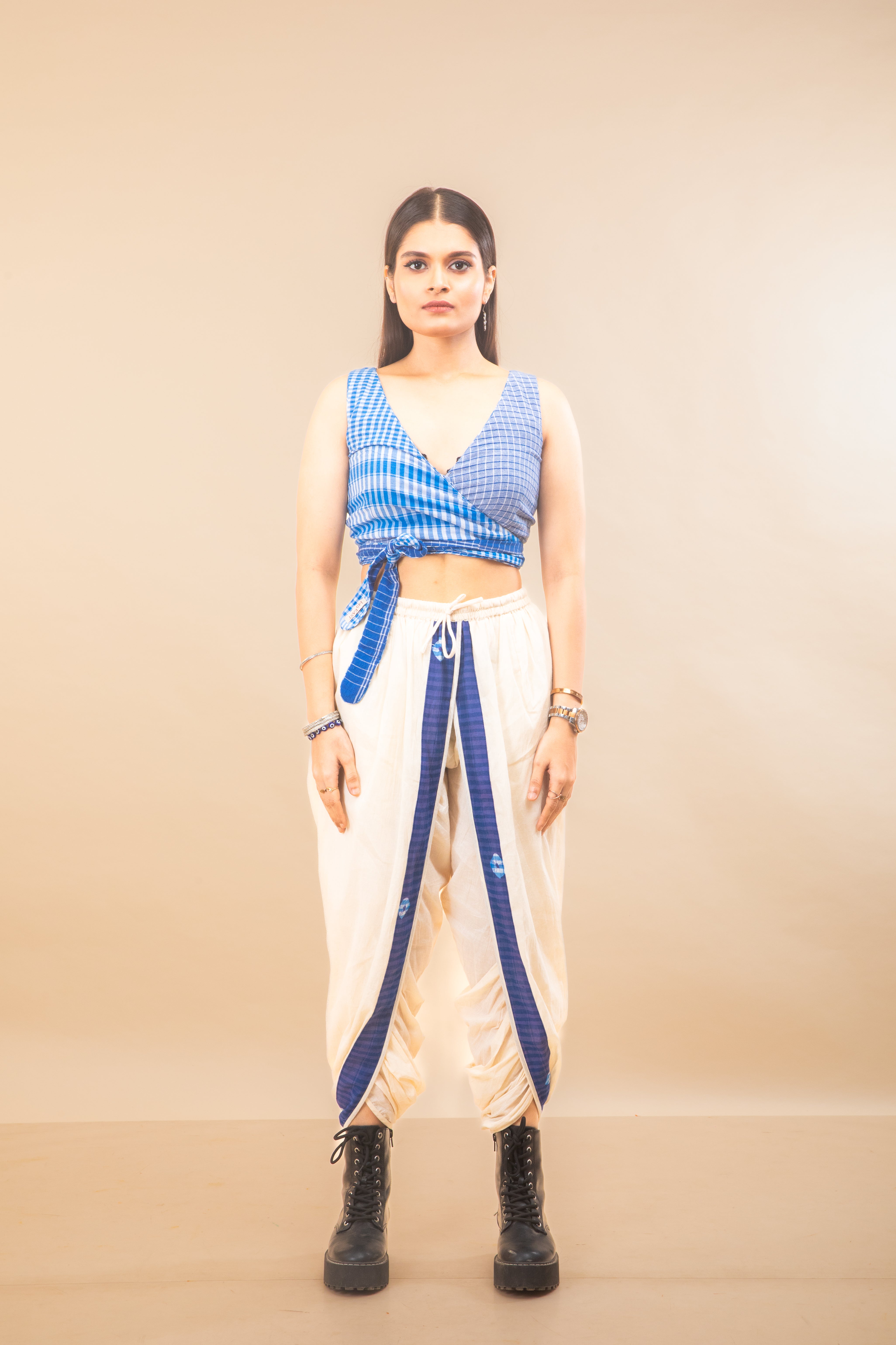 Blue Reversible Bustier + White/Blue Dual Dhoti Set