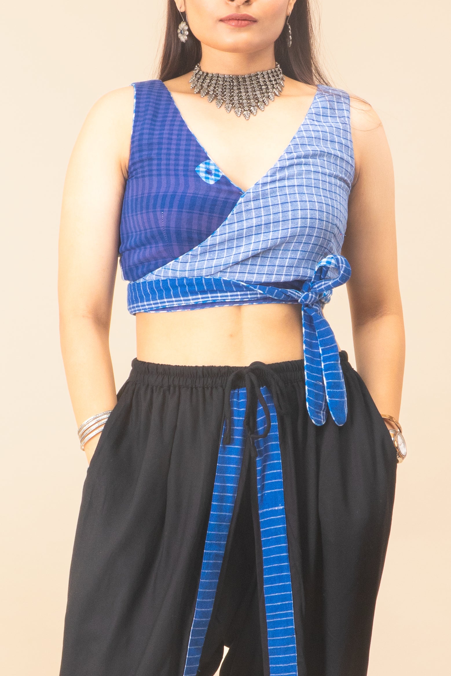 Blue Reversible Bustier + Black/Blues Dual Dhoti Set