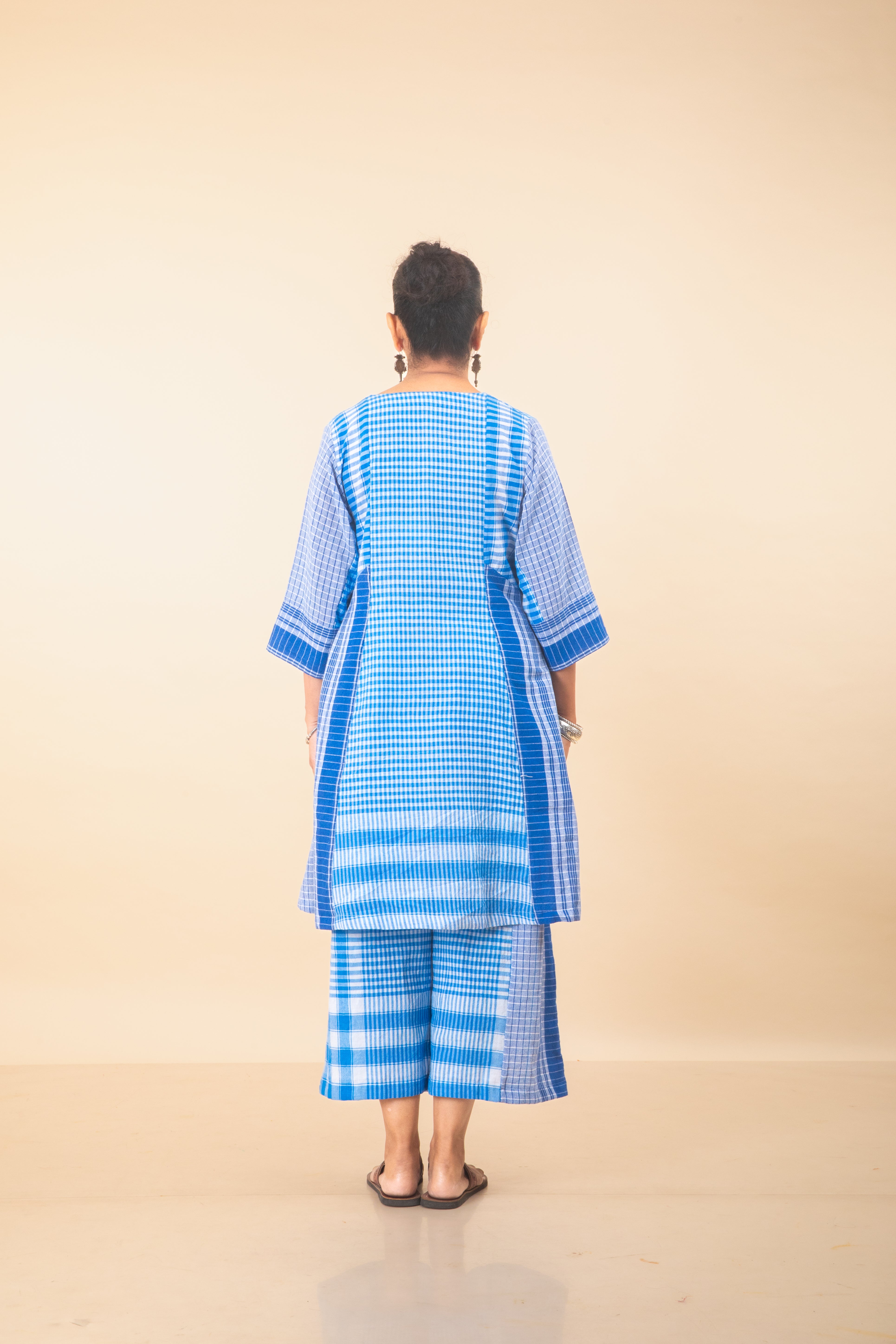 Blue Batik on Gamcha ColourBlock Dress Set (Dress + Palazzo + Dupatta)