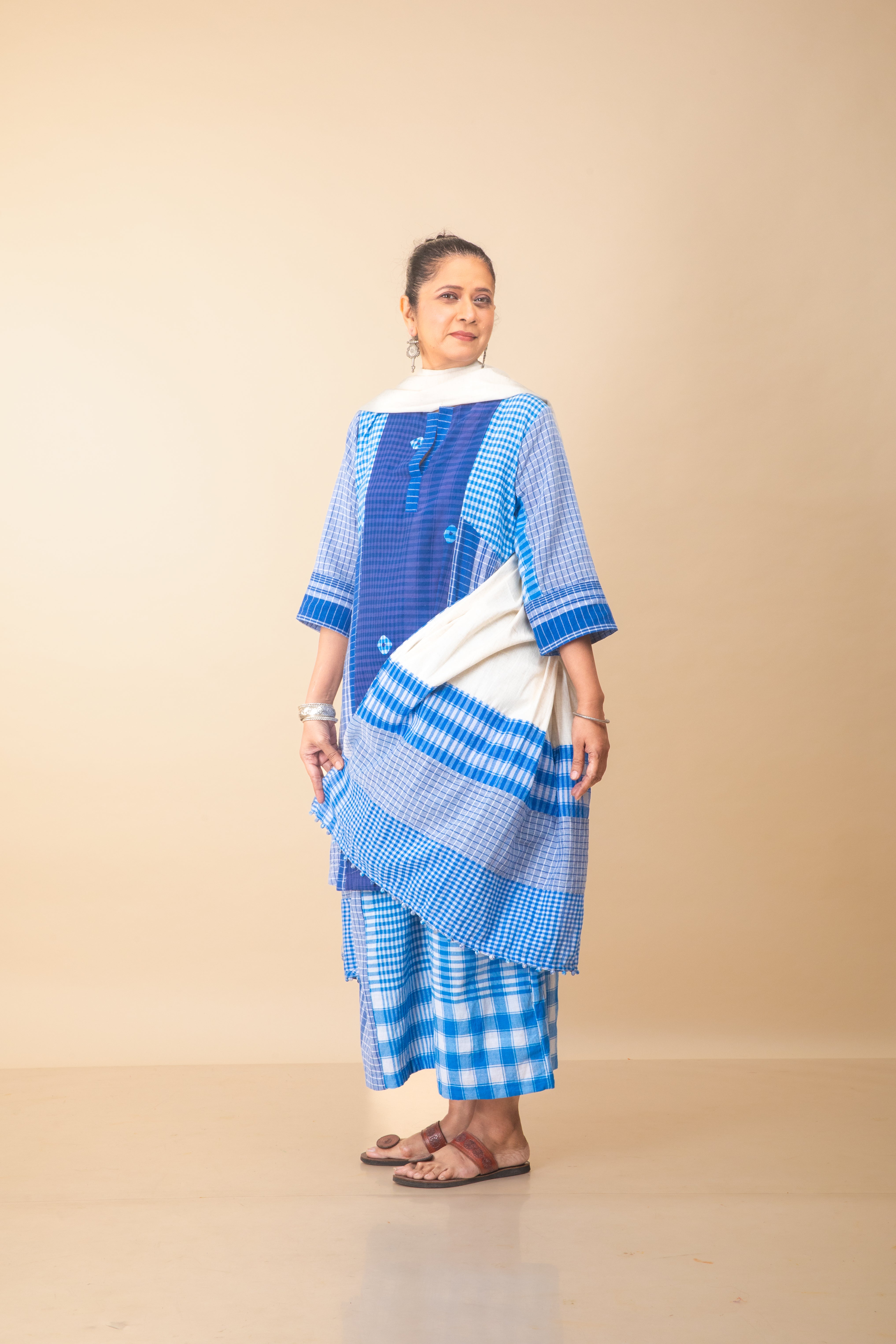 Blue Batik on Gamcha ColourBlock Dress Set (Dress + Palazzo + Dupatta)