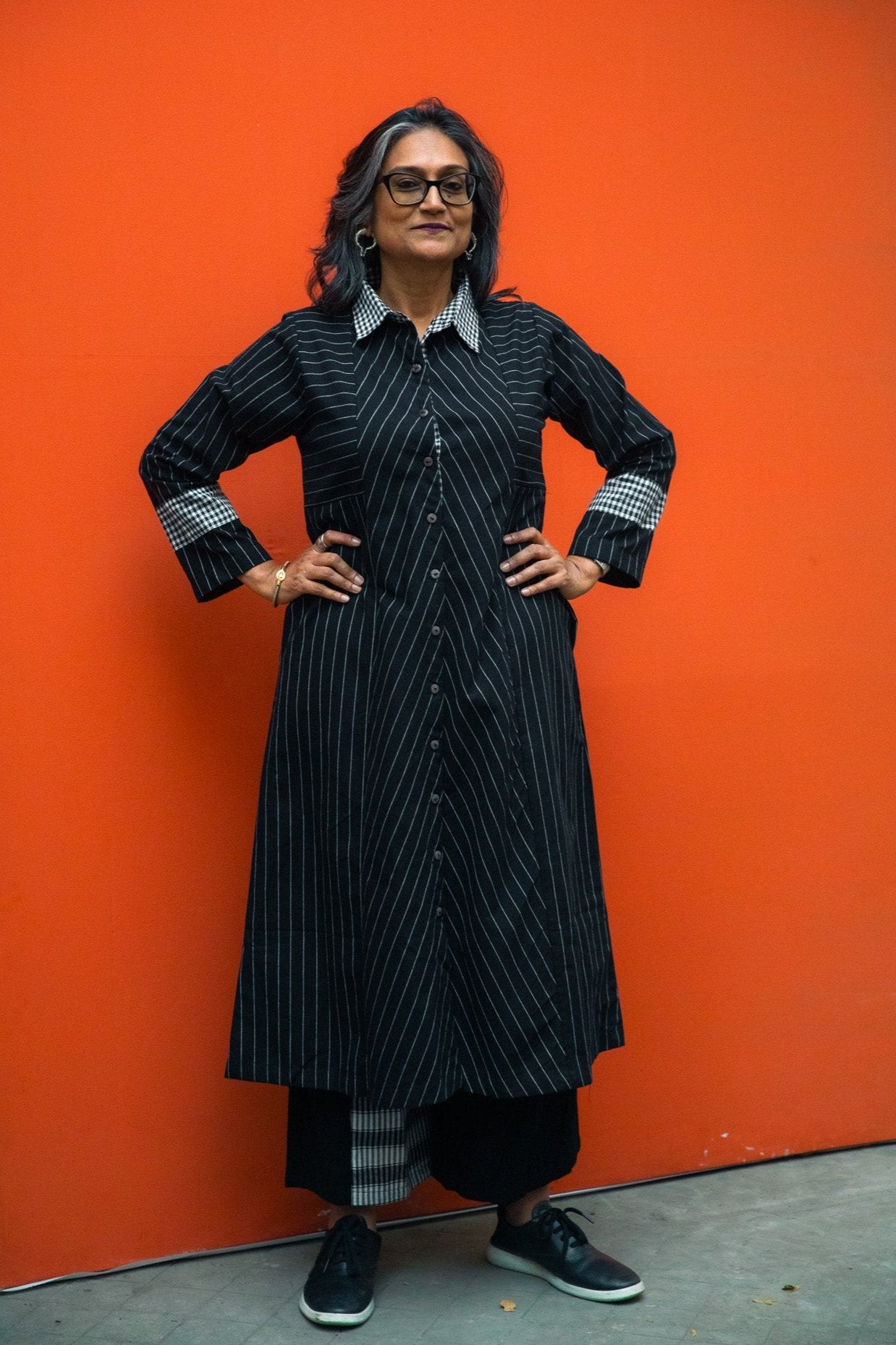 The Black Collar Stripe Dress Set