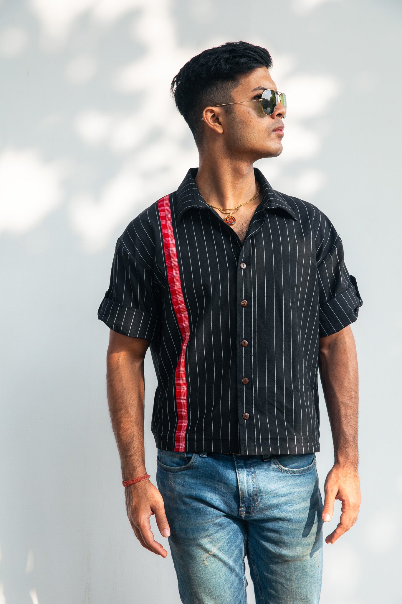 Men's Crop Shirt - Black Pinstripe w/ Red