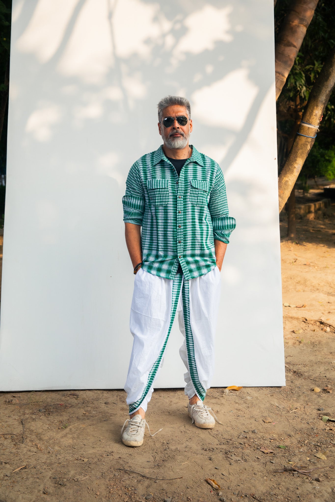 Green Shirt + Dual Dhoti Set