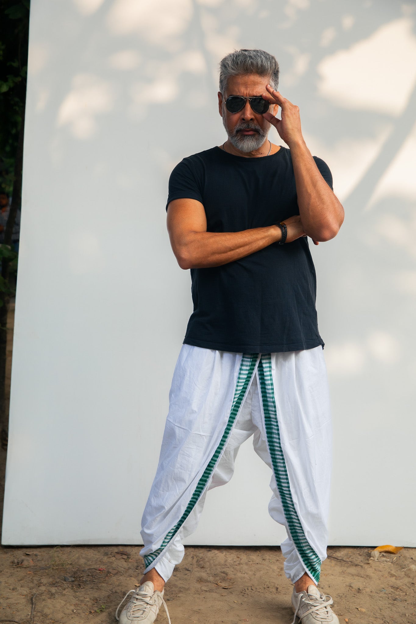 White with Green Dual Dhoti Pants