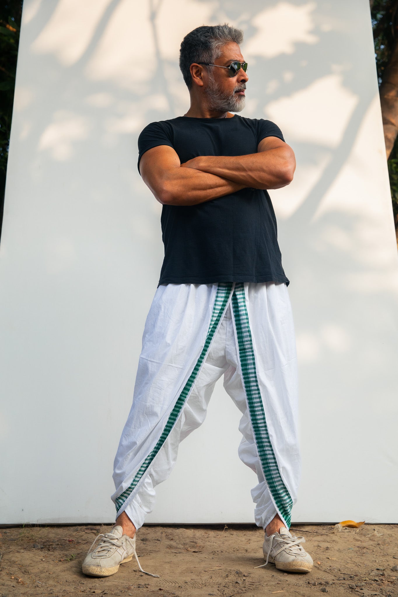 White with Green Dual Dhoti Pants