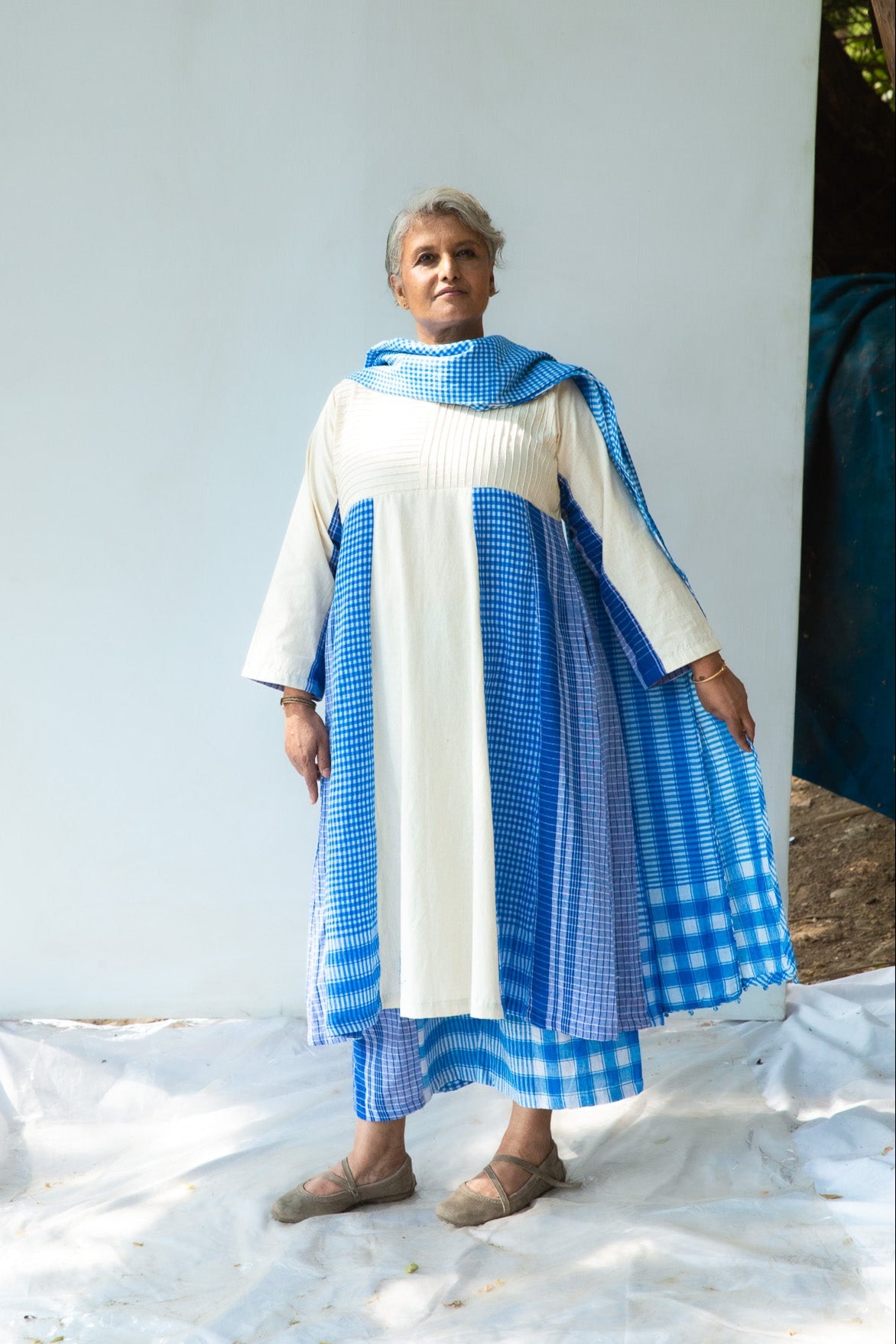 Blue Side Panelled Dress with Pintucks + Palazzo + Dupatta Set