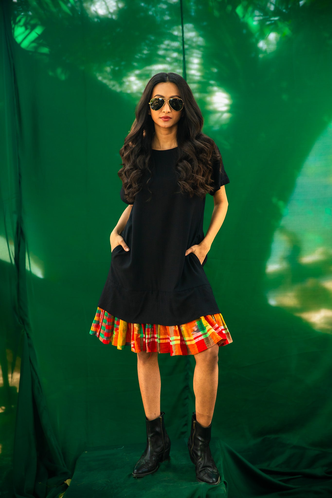 Straight Frill Dress (Black + Multicoloured)