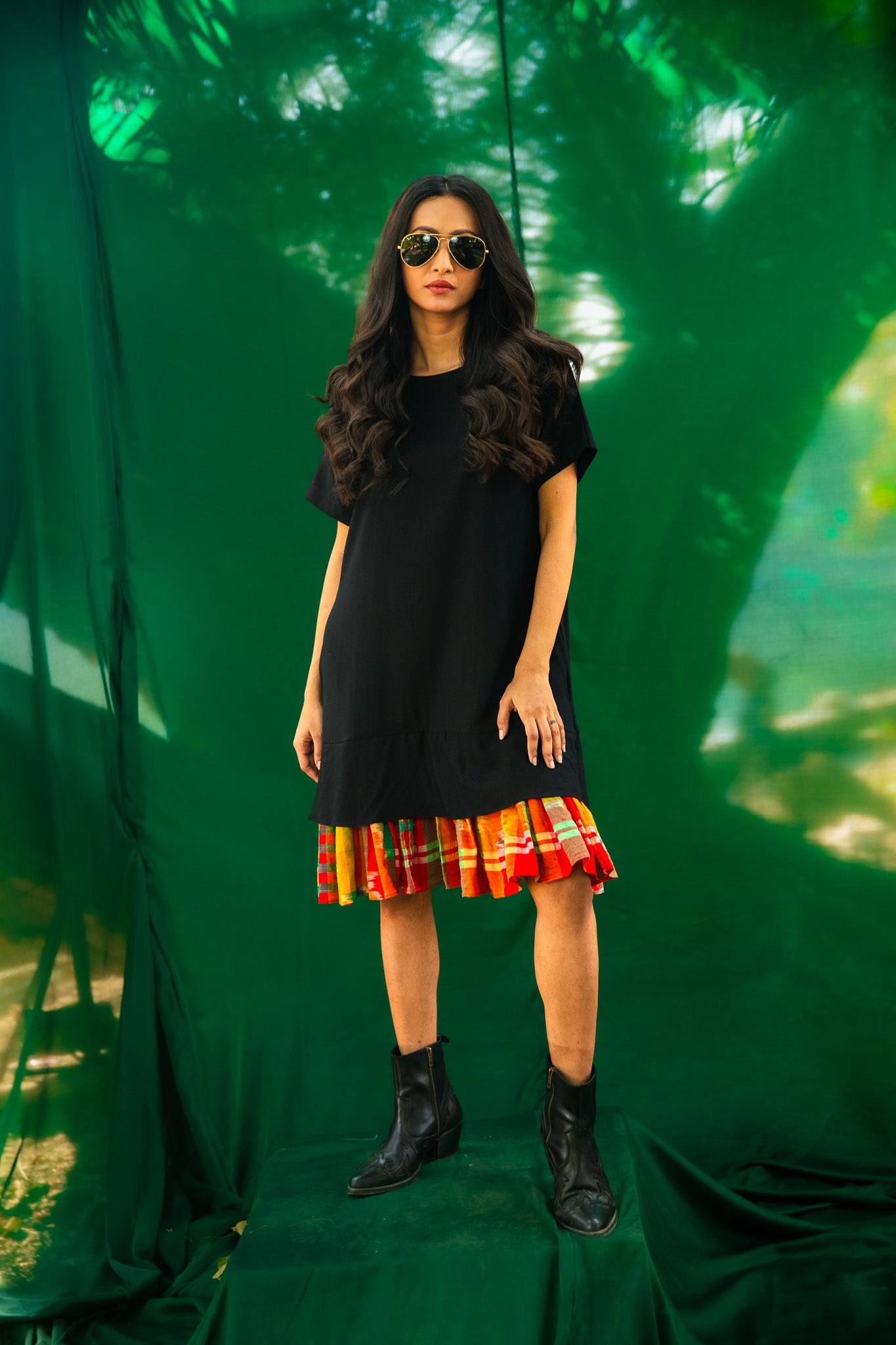 Straight Frill Dress (Black + Multicoloured)