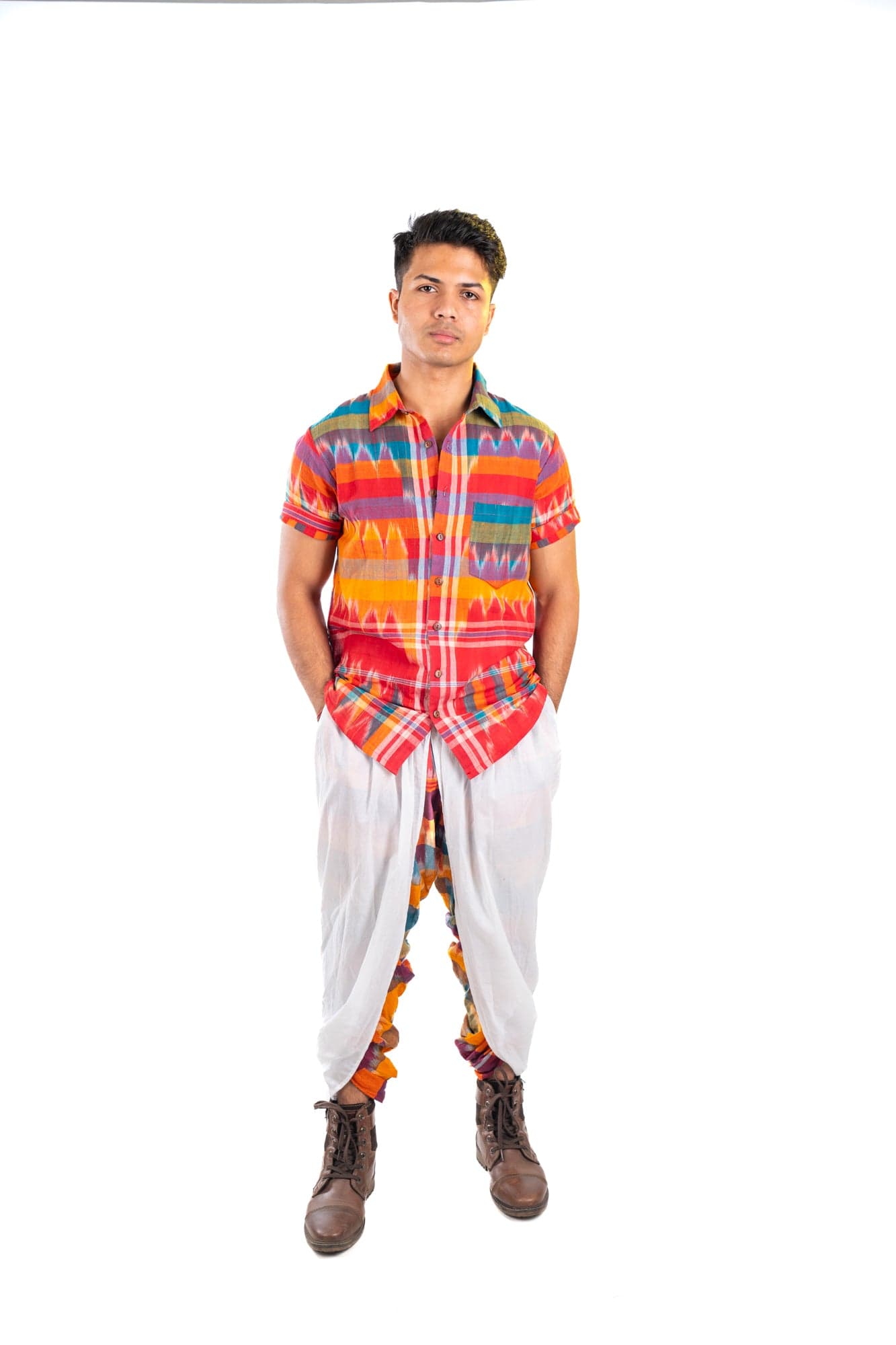 Kotki Half Sleeve Shirt + White/Kotki Dual Dhoti Pants Set