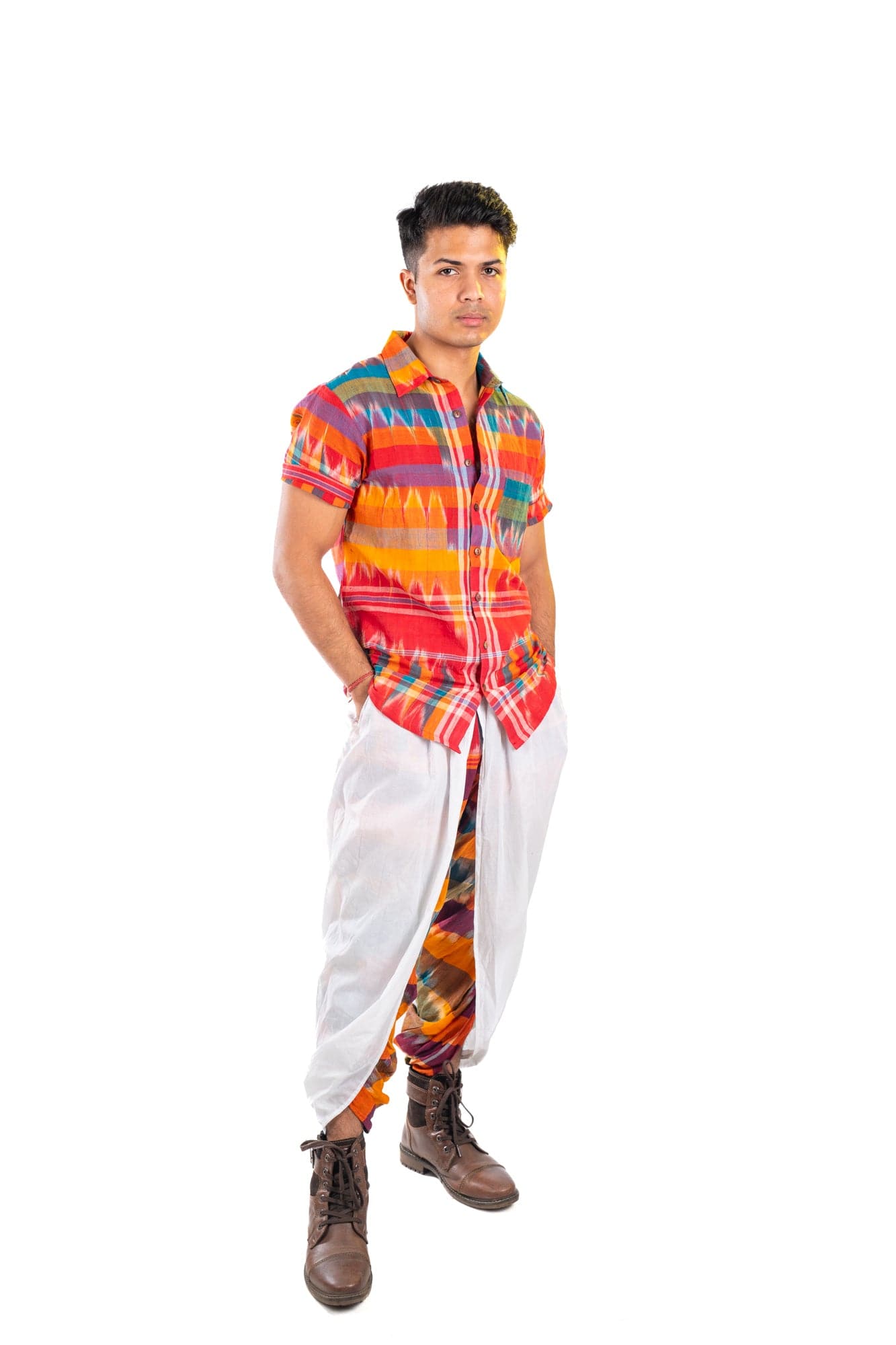 Kotki Half Sleeve Shirt + White/Kotki Dual Dhoti Pants Set