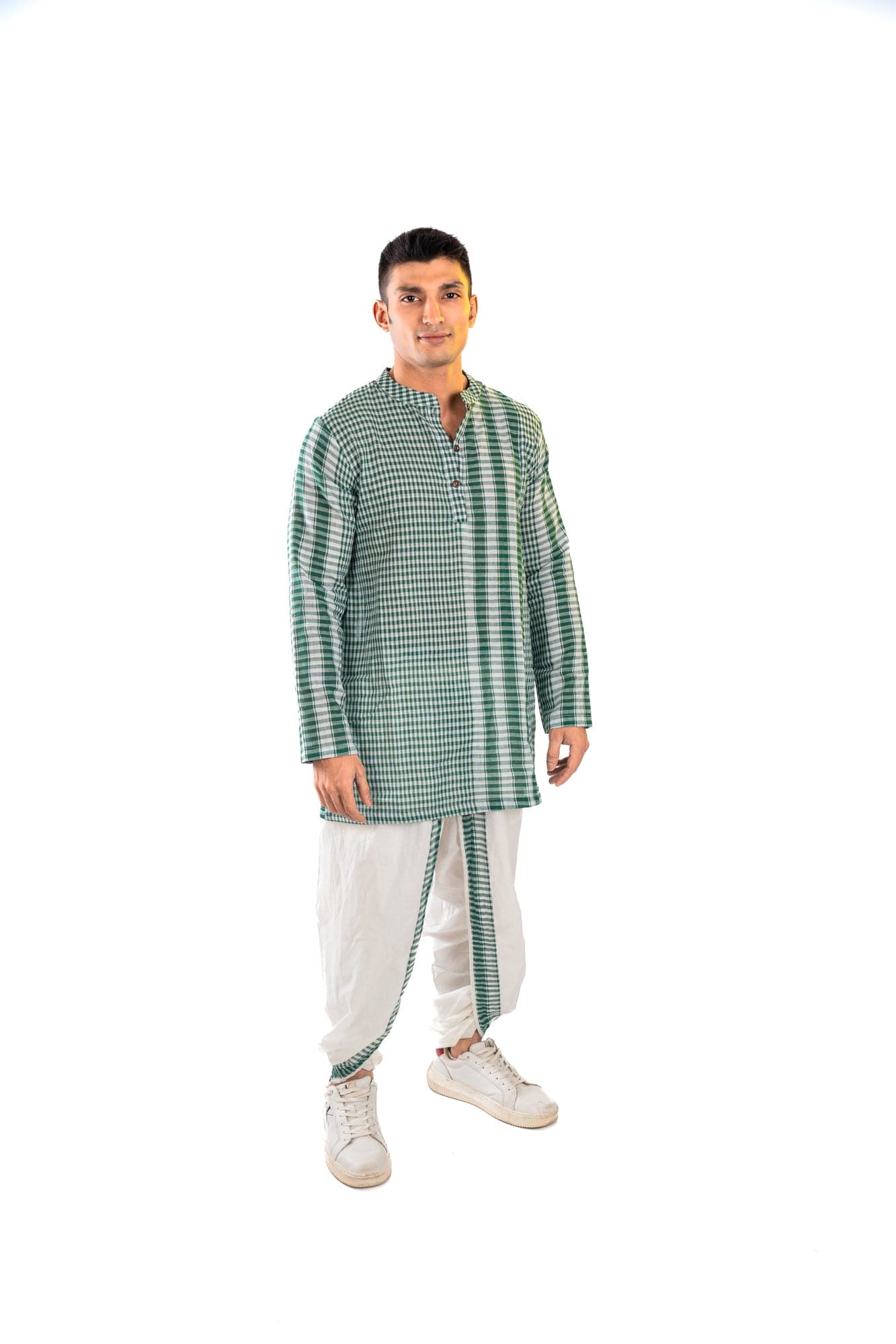 Green Checkered Kurta + White/Green Dual Dhoti Set