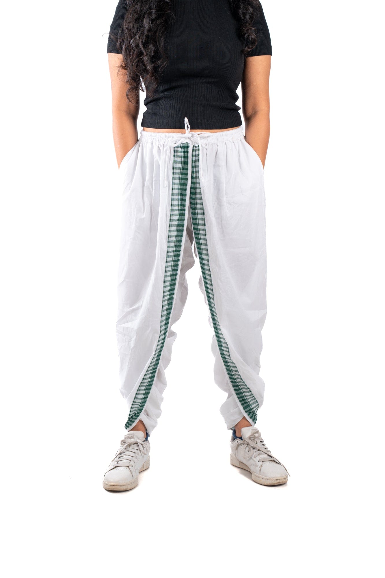 White with Green Dual Dhoti Pants