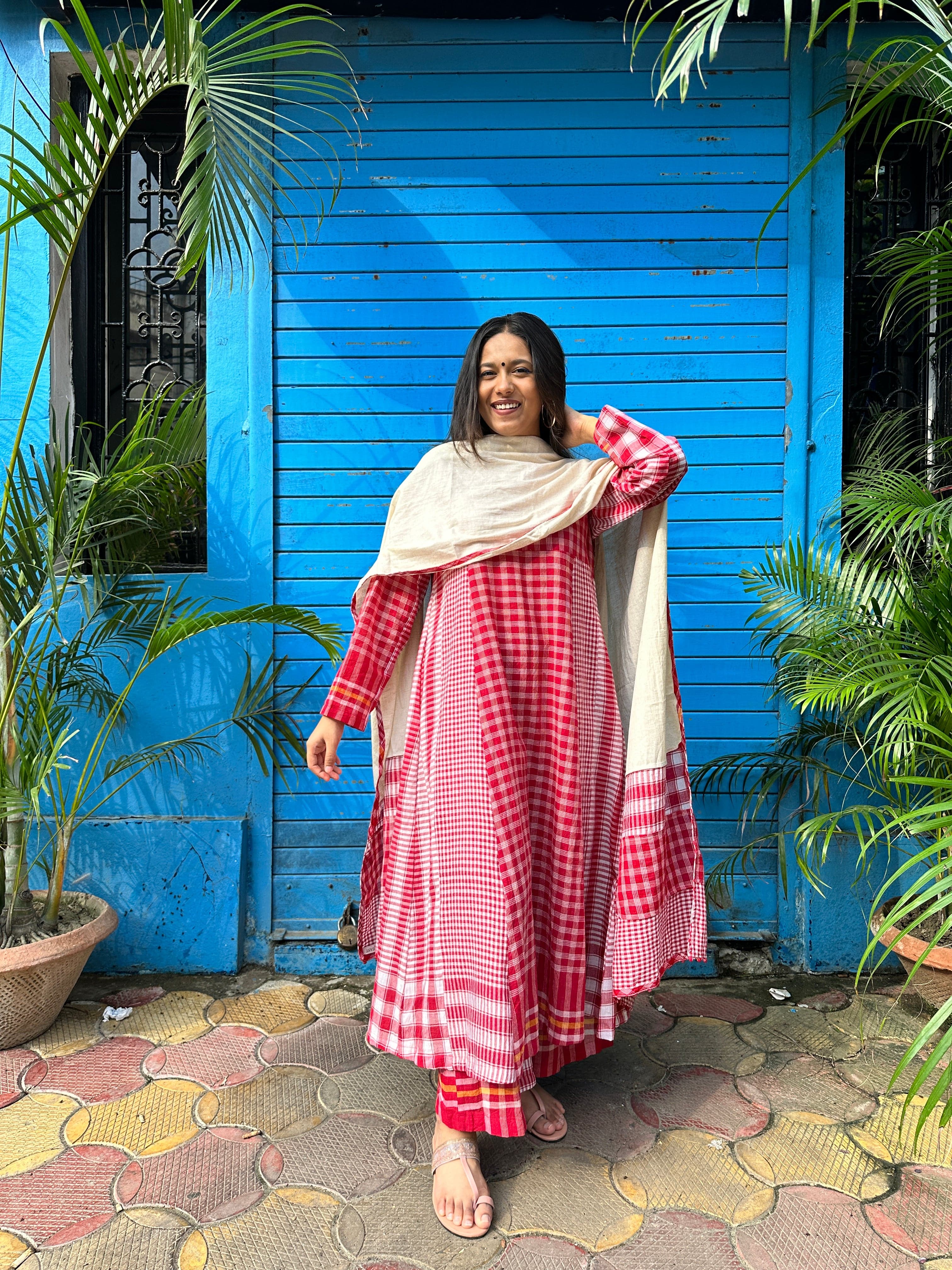 Side Panelled Red Dress + Palazzo + Dupatta (Set of 3)