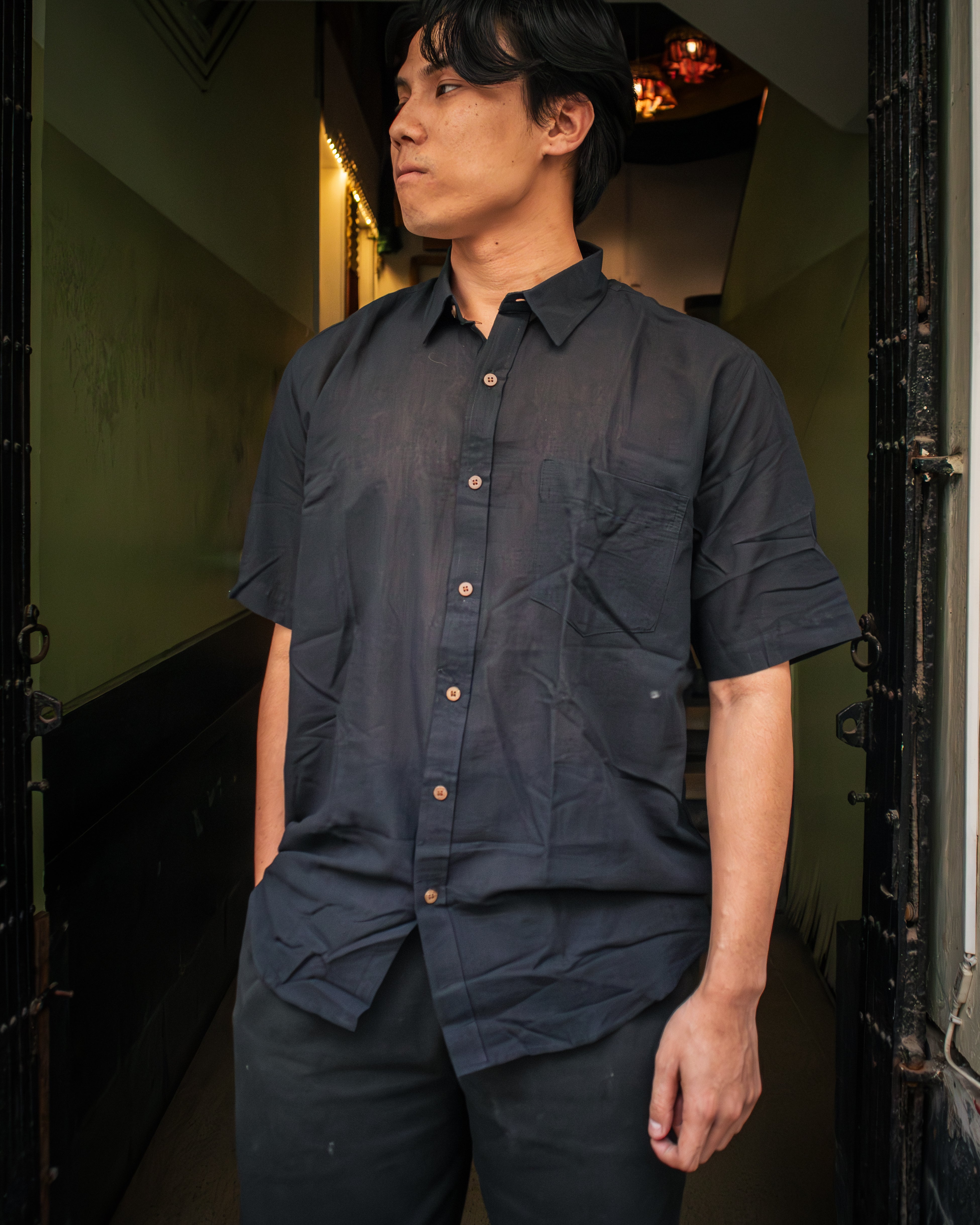 Black Half Sleeves Motif Shirt