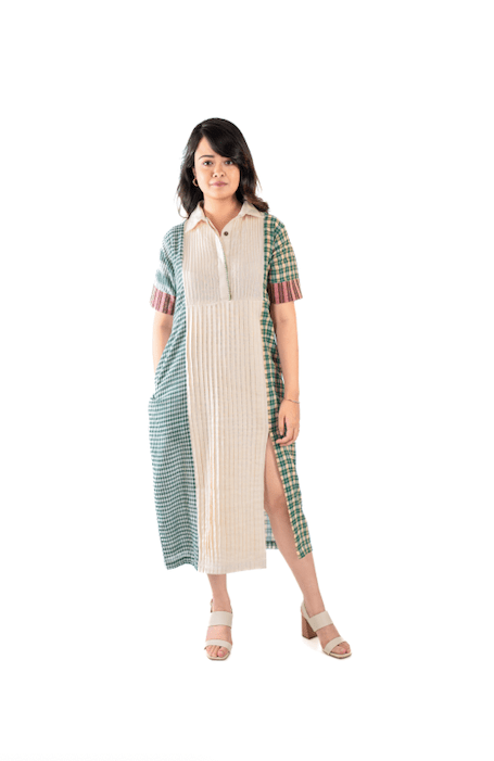 Offwhite-Green Pleated Slit Dress