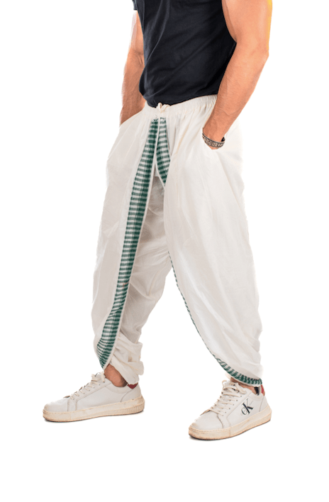 White with Green Dual Dhoti Pants