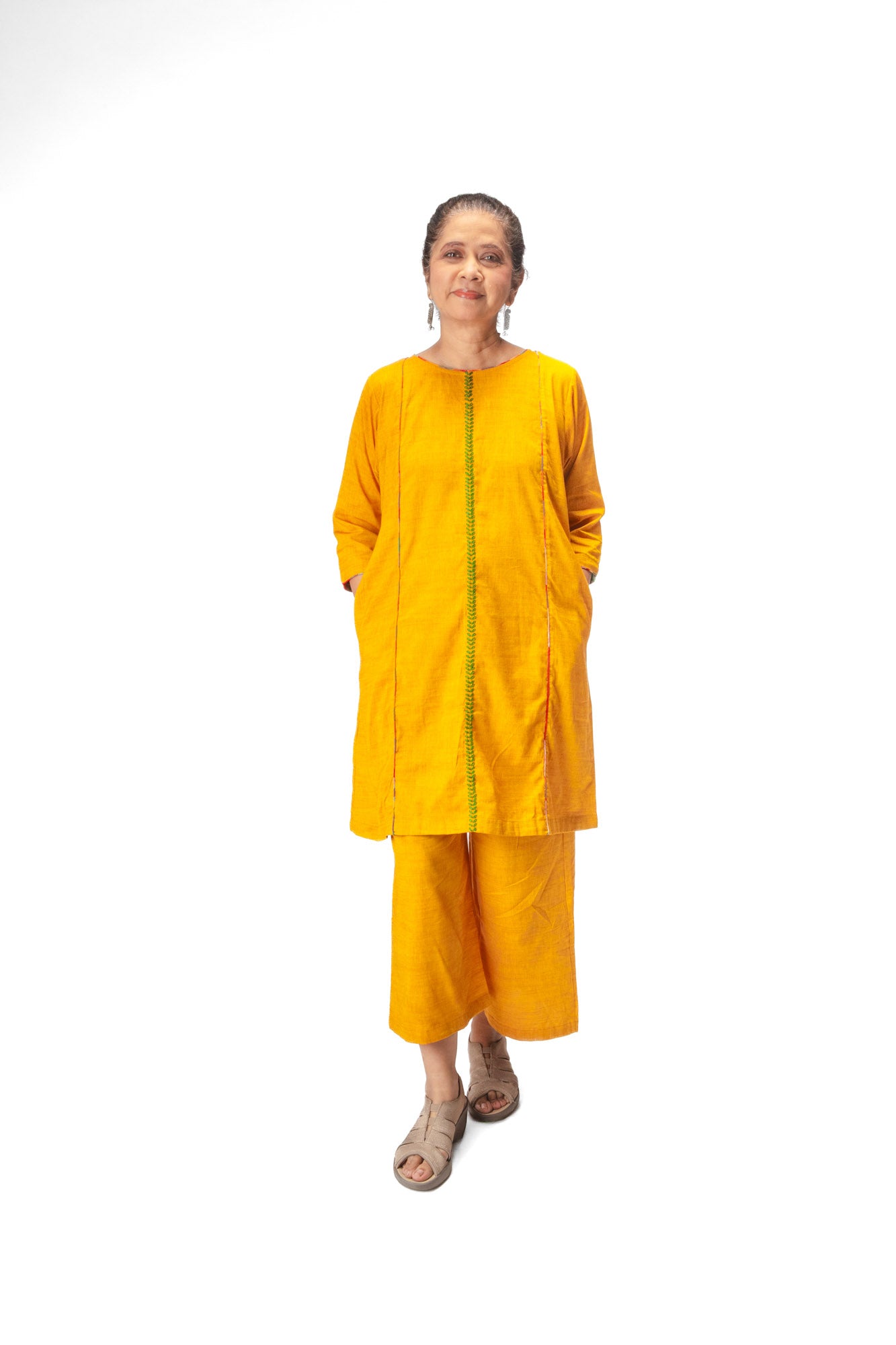 Yellow Minimal Embroidery Tunic Set
