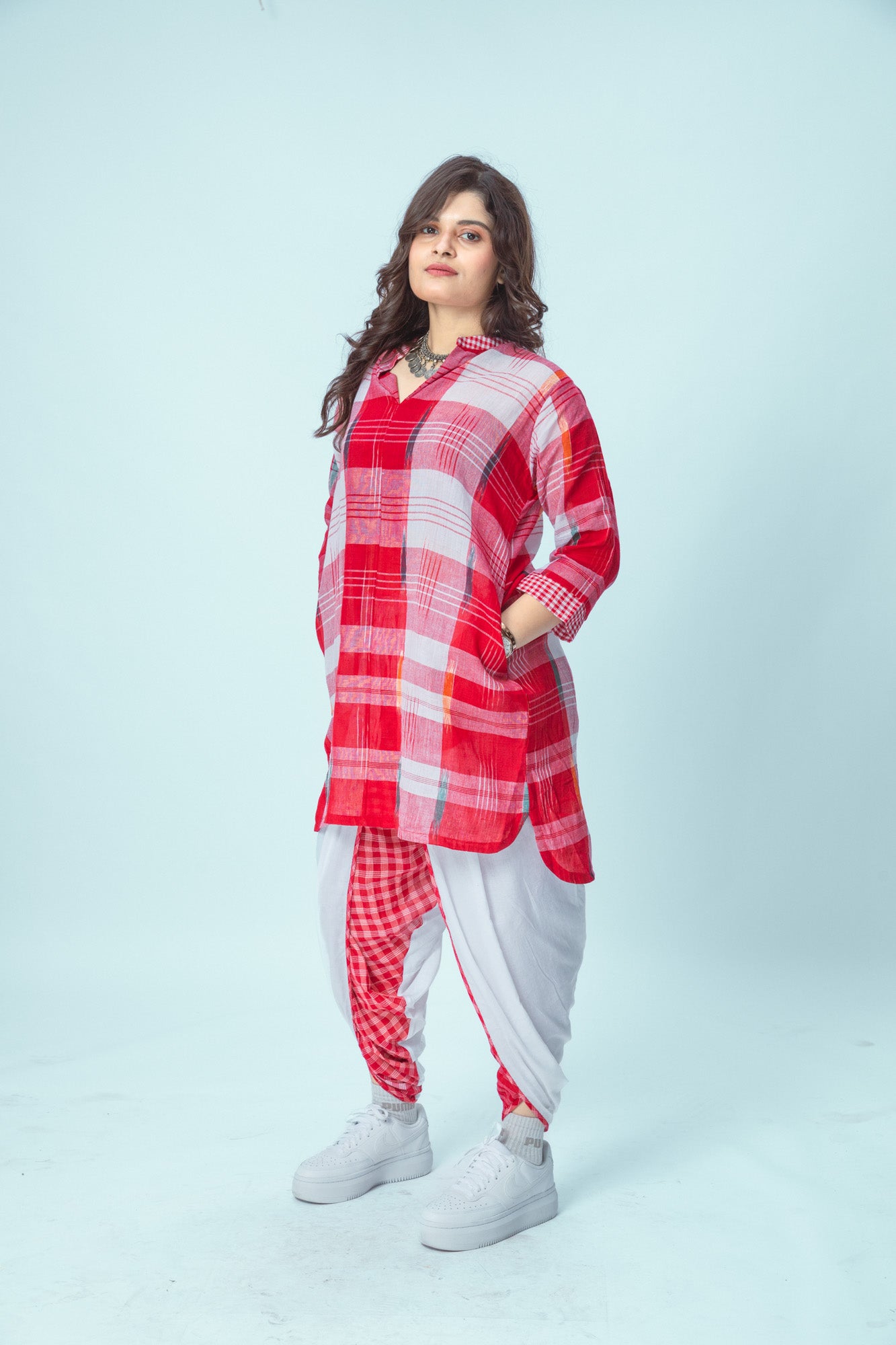 Red Kurta + festive Dhoti Pants