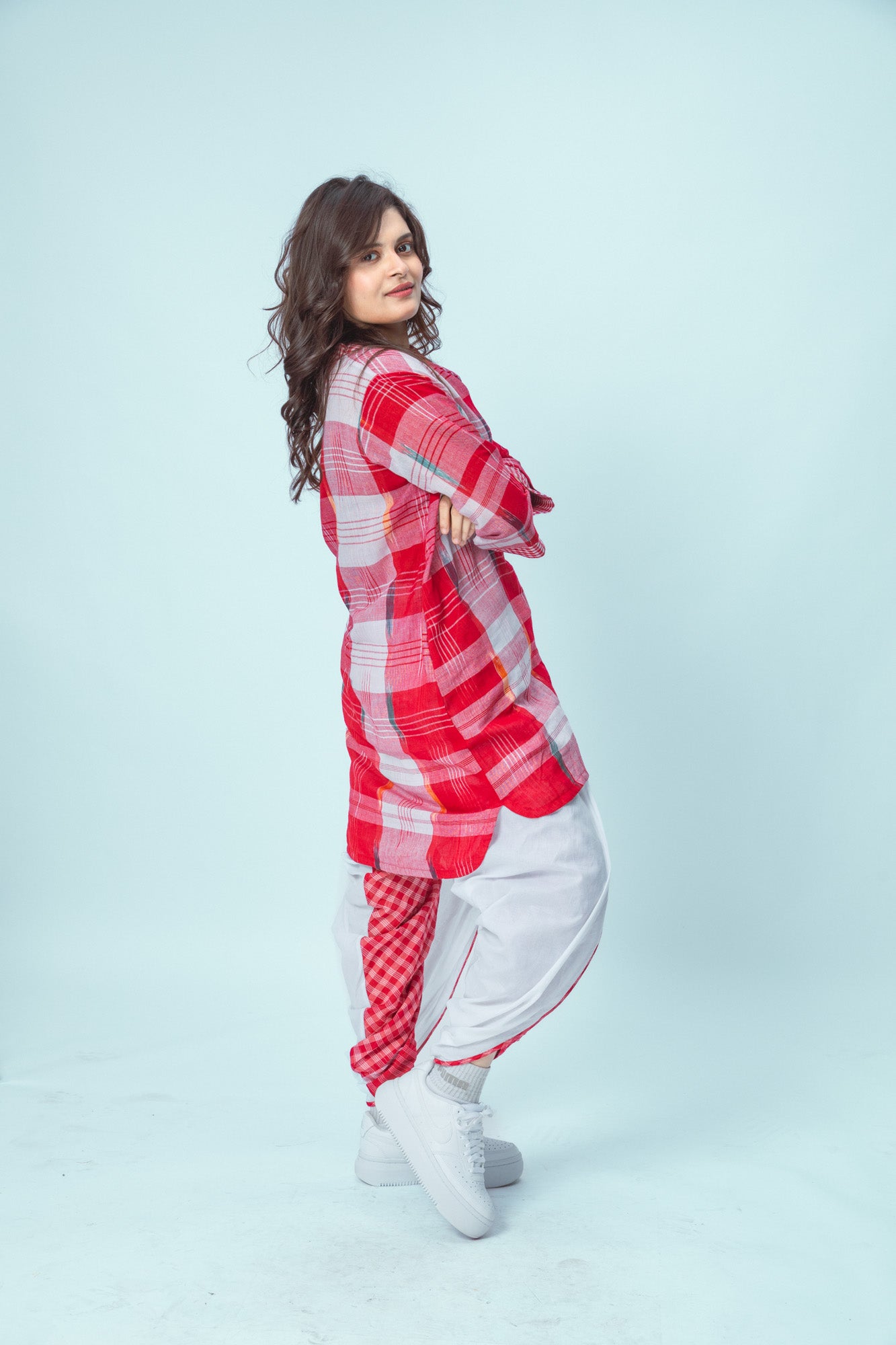 Red Kurta + festive Dhoti Pants