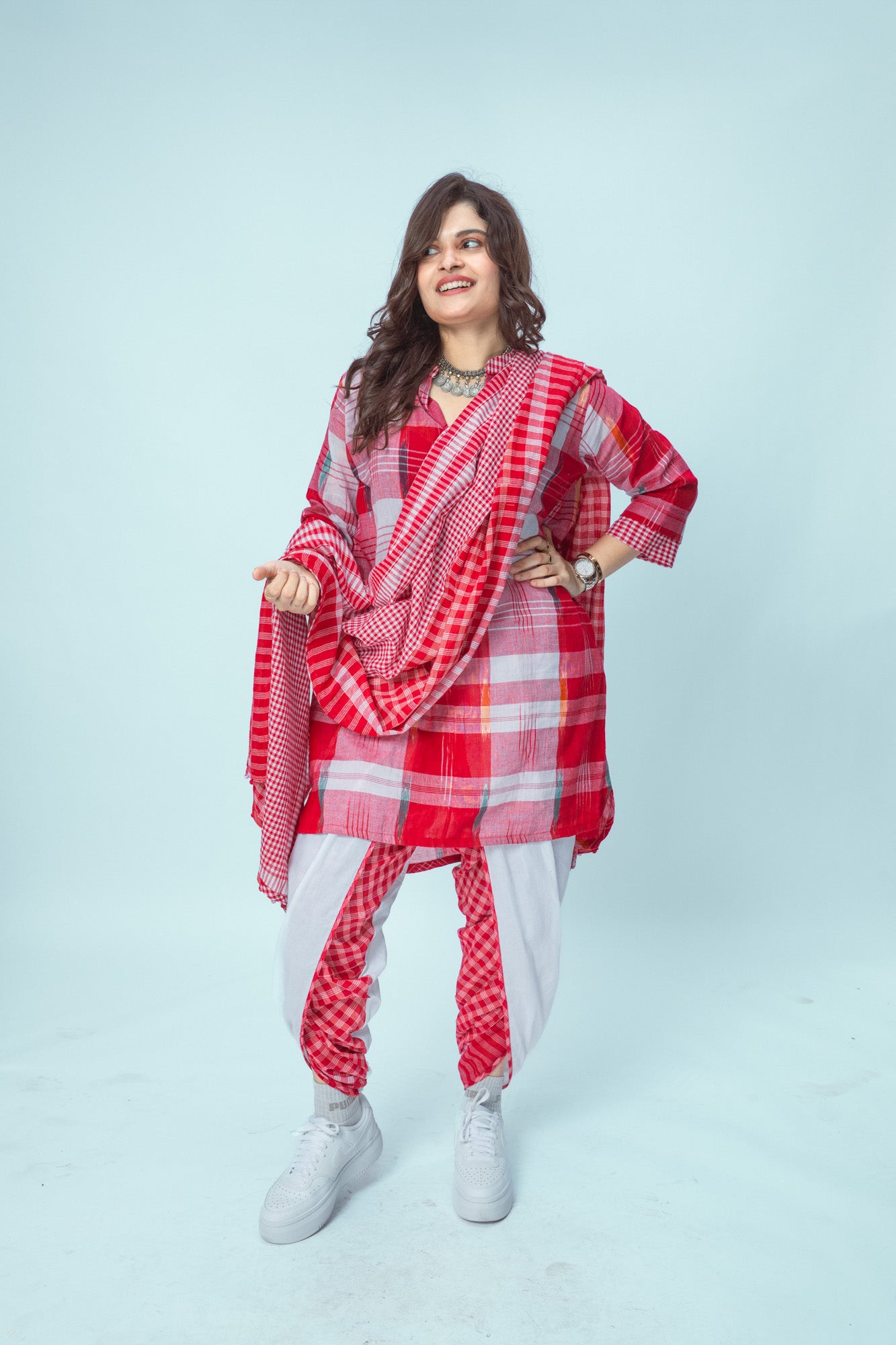 Red Rush Set - Kurta + Dhoti Pants + Dupatta