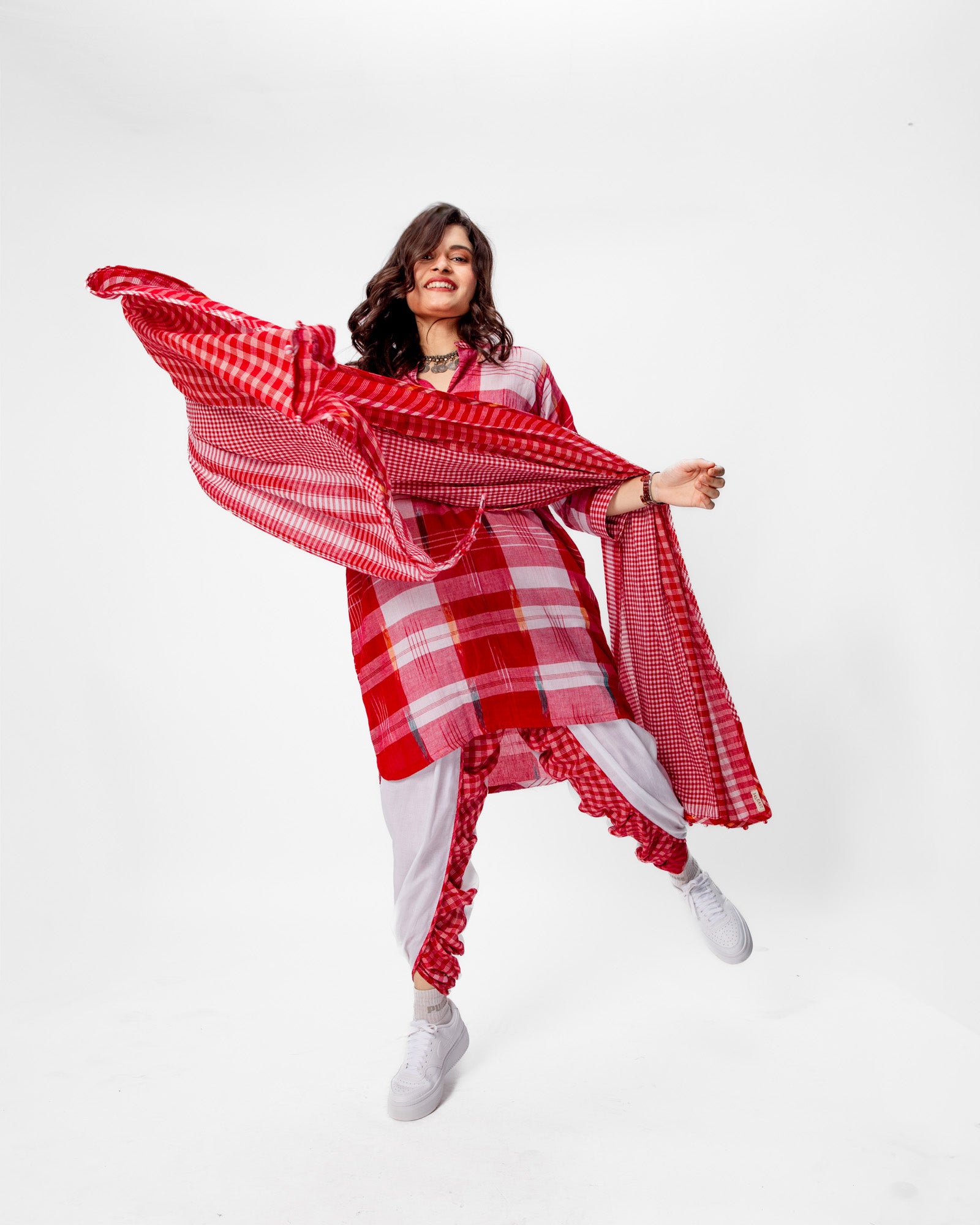 Red Rush Set - Kurta + Dhoti Pants + Dupatta