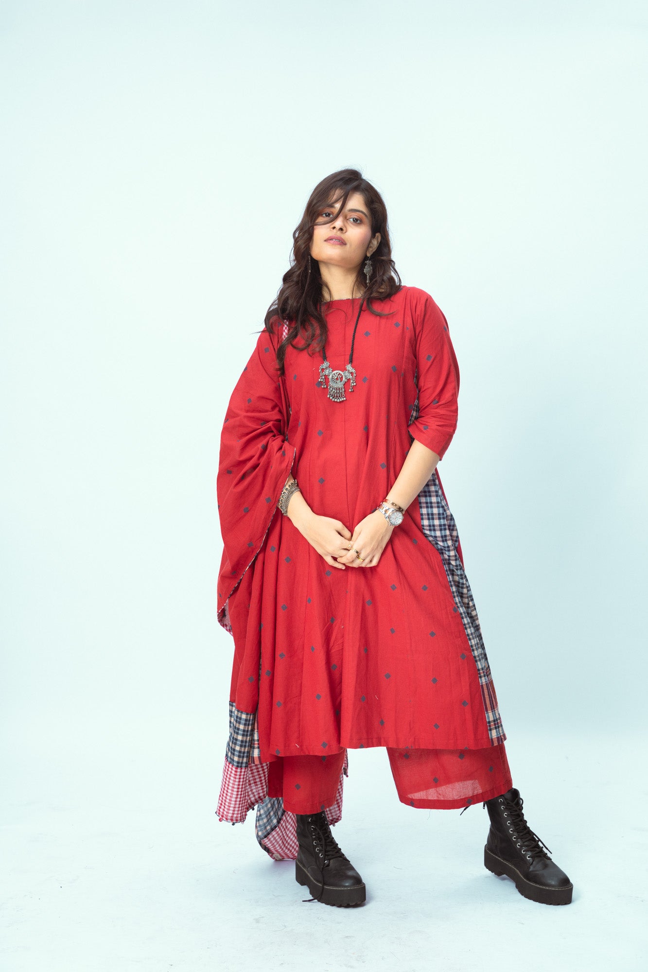 True Red 16 Panelled - Dupatta Set