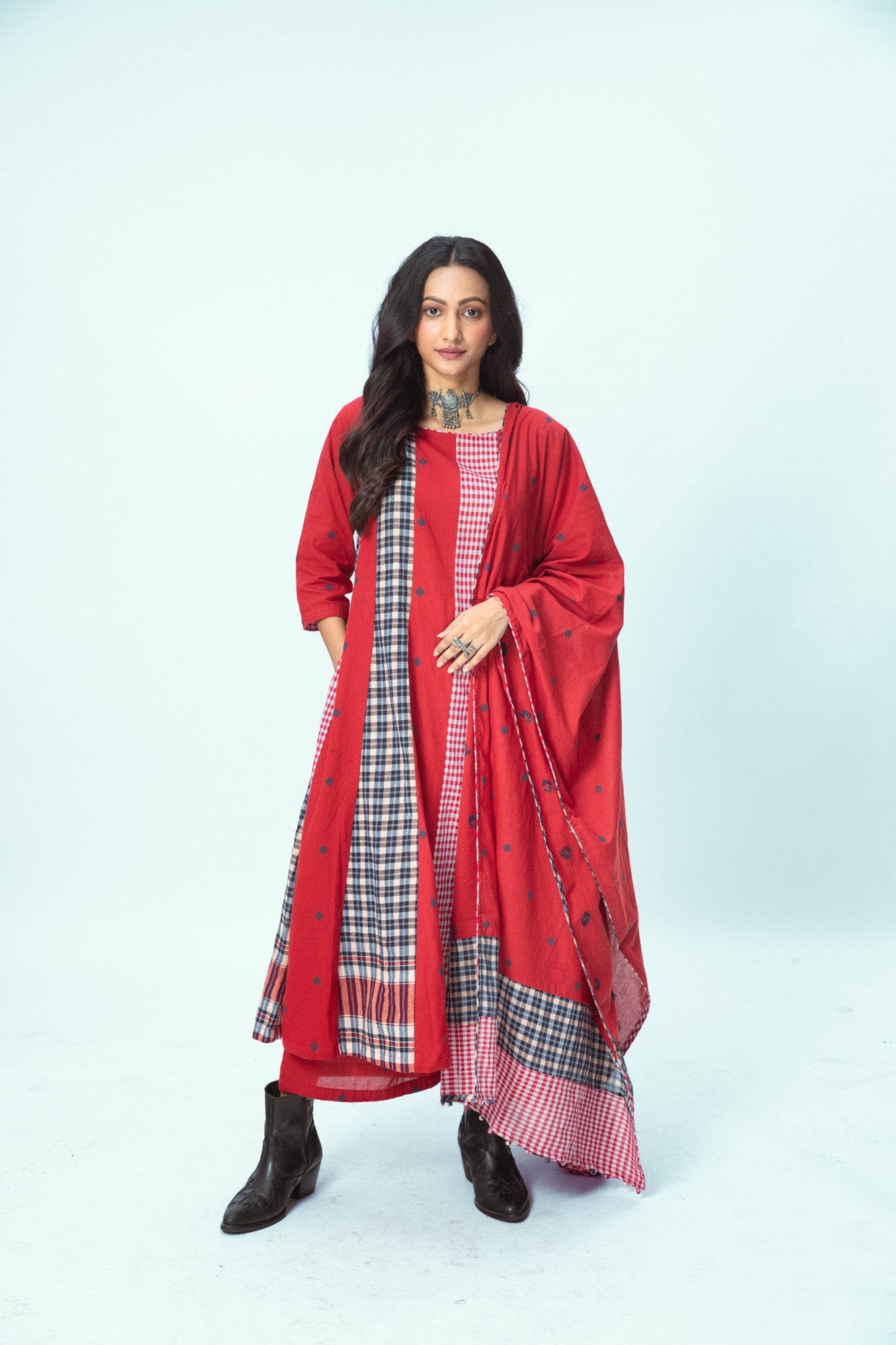 True Red Brick 16 Panelled Dupatta Set