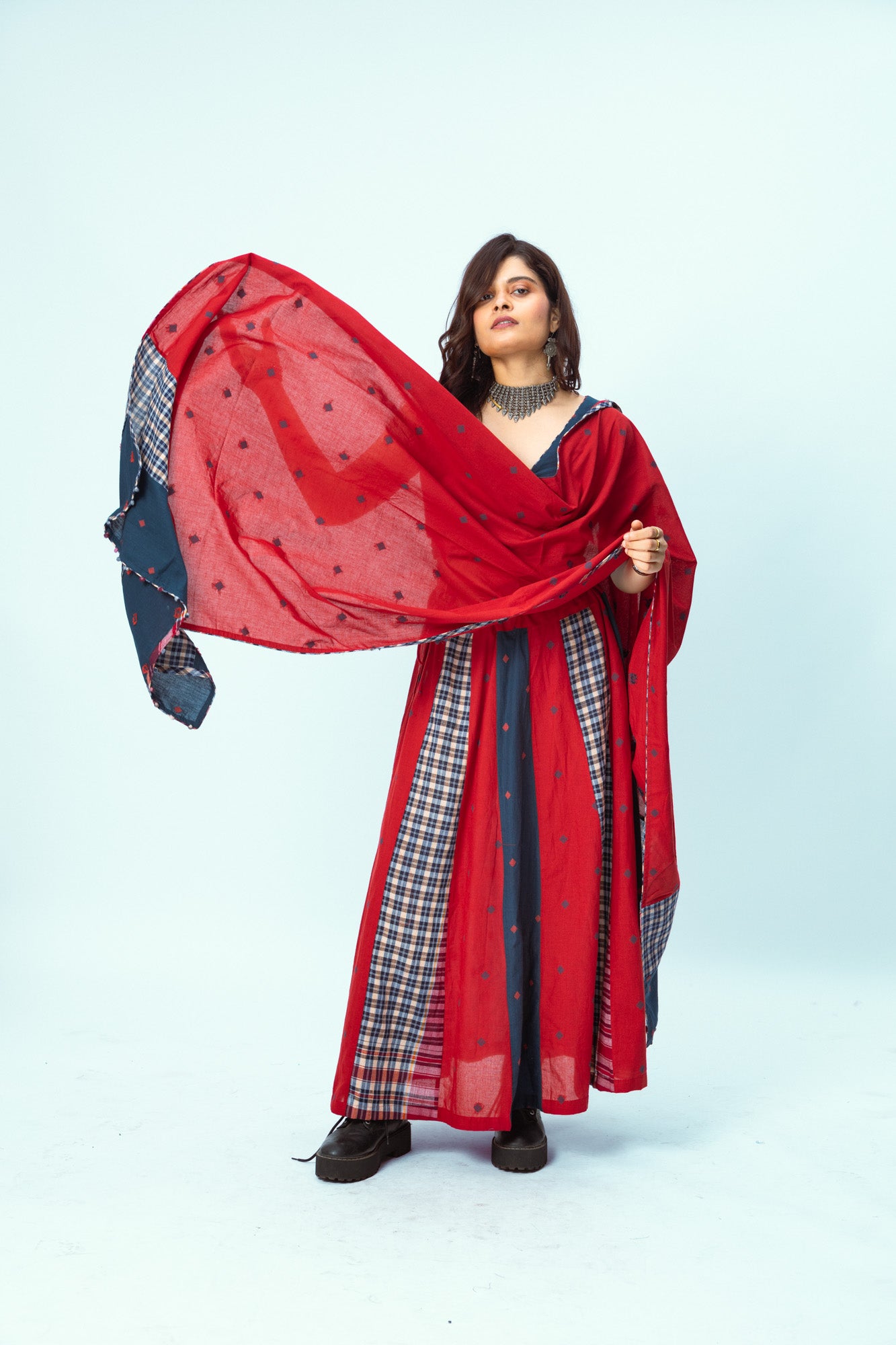True Red Brick Panelled Skirt - Dupatta Set