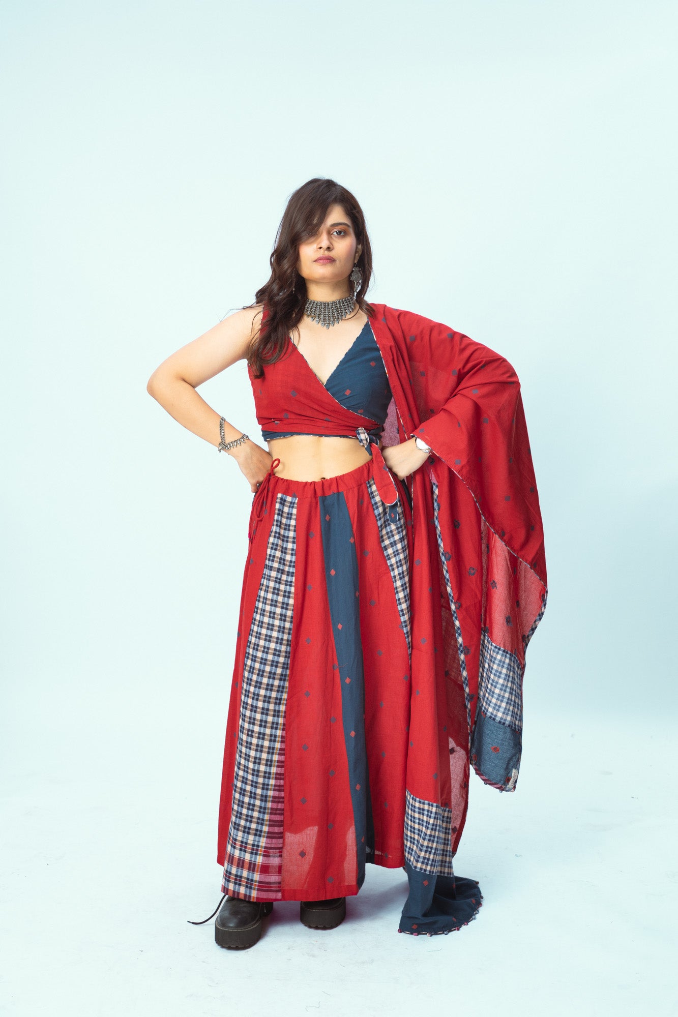 True Red Brick Panelled Skirt - Dupatta Set