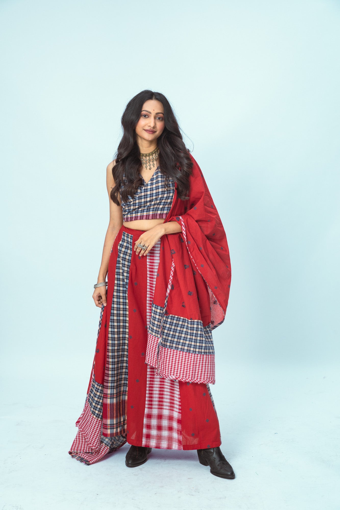 True Red 16 Panelled Skirt - Dupatta Set