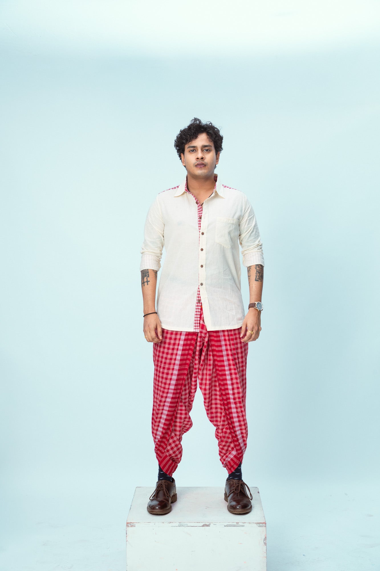 White Detailed Shirt + Classic Red Dhoti Set