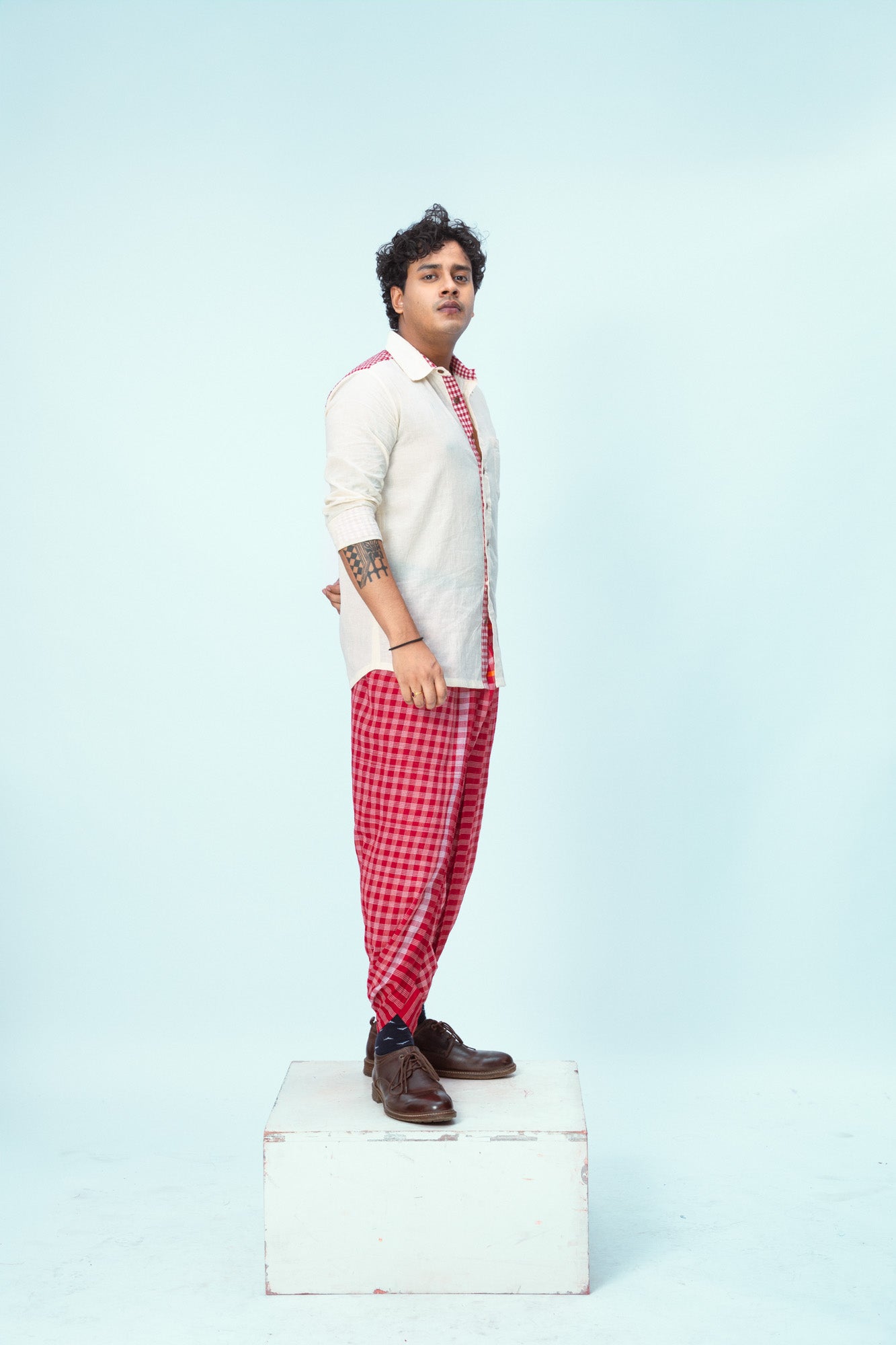 White Detailed Shirt + Classic Red Dhoti Set
