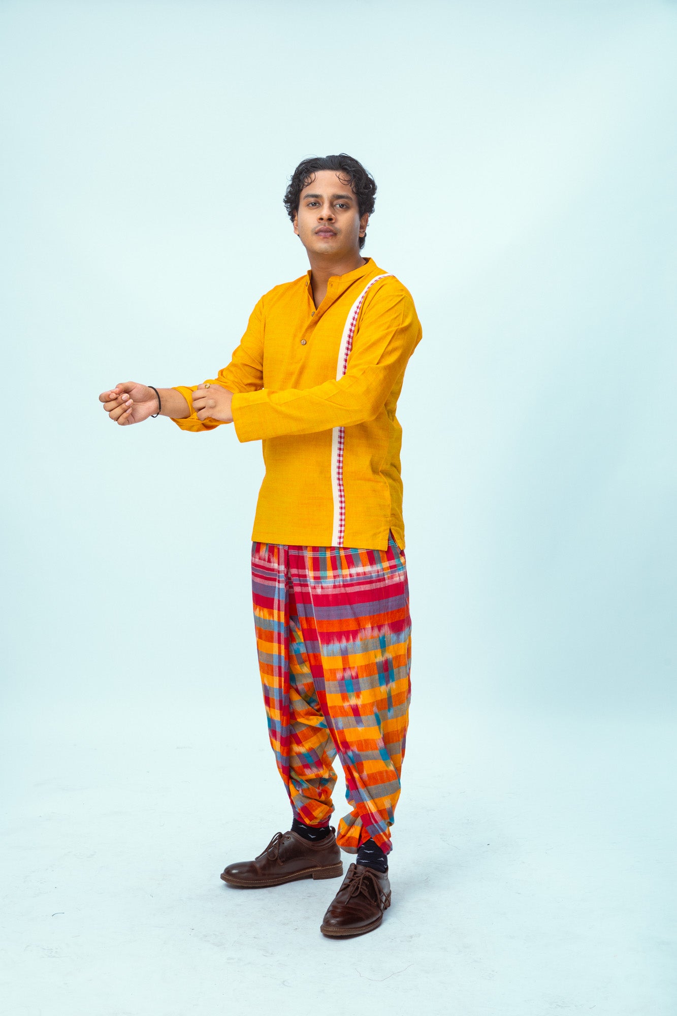 Yellow Pinstripe Kurta + Kotki Dhoti Pants