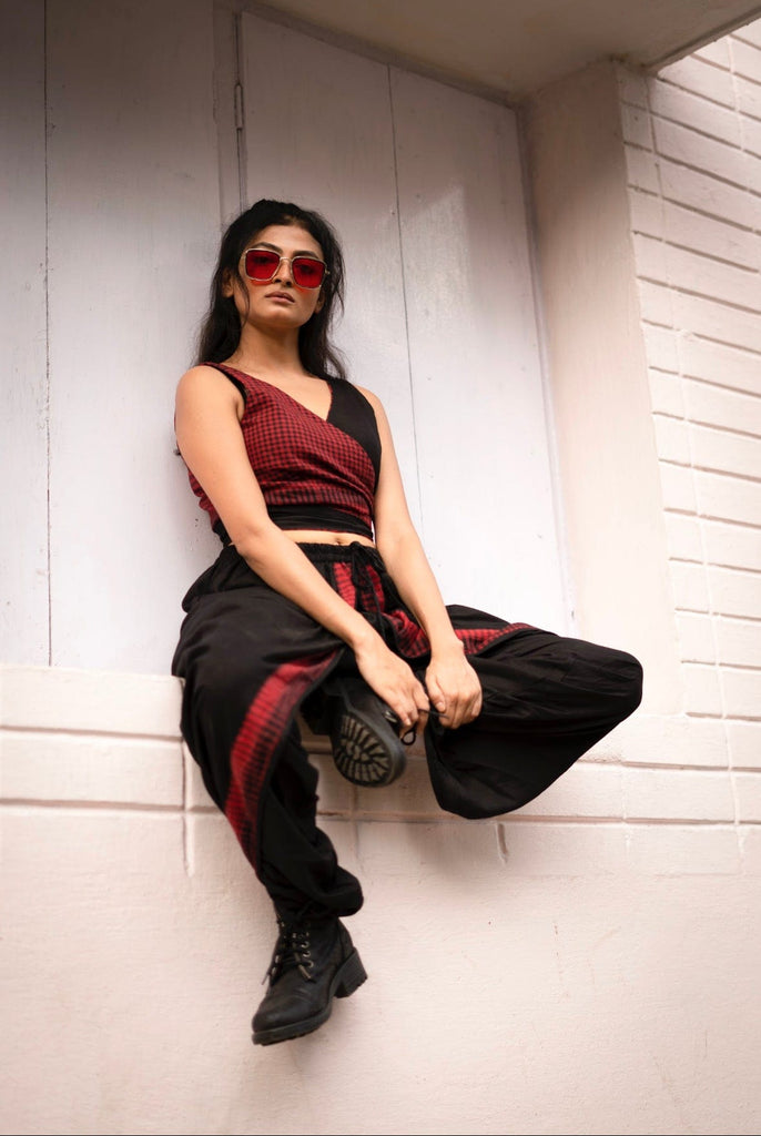 Black & Maroon Dhoti and Bustier Set