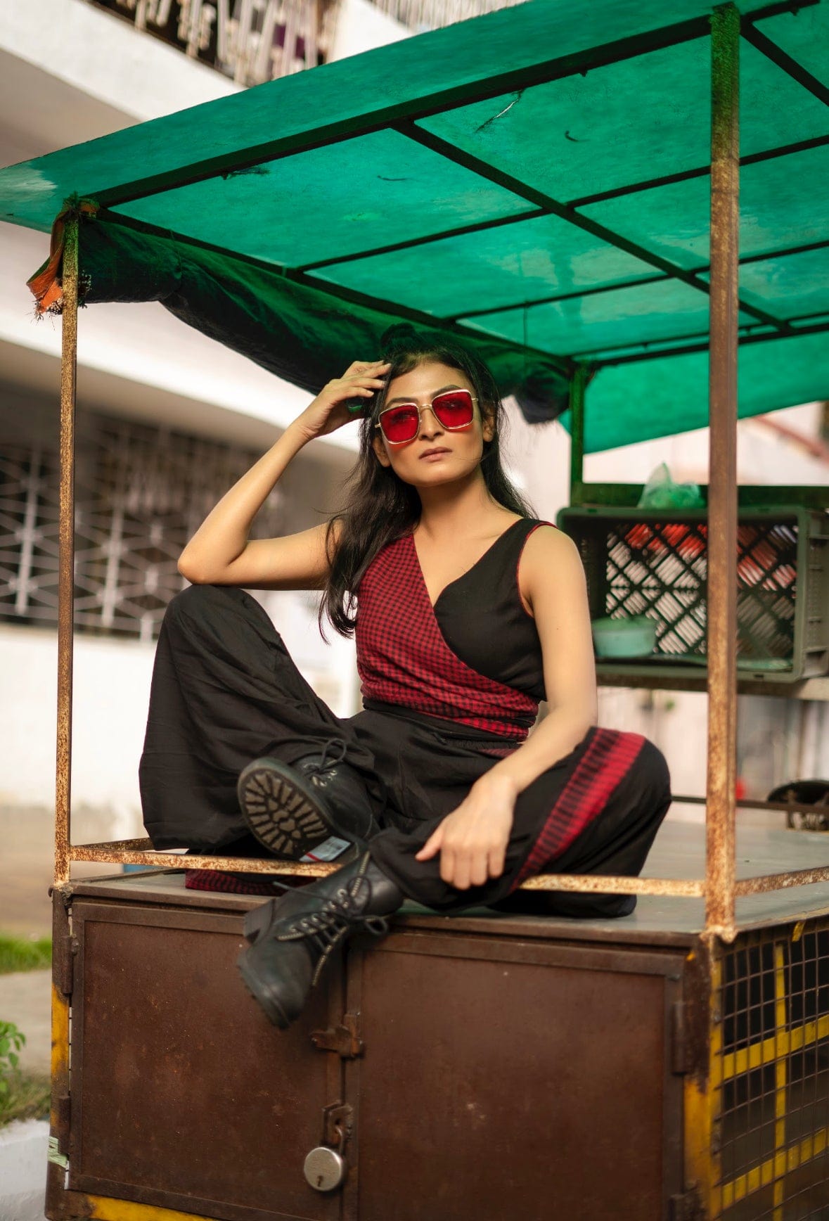 Black & Maroon Dhoti and Bustier Set